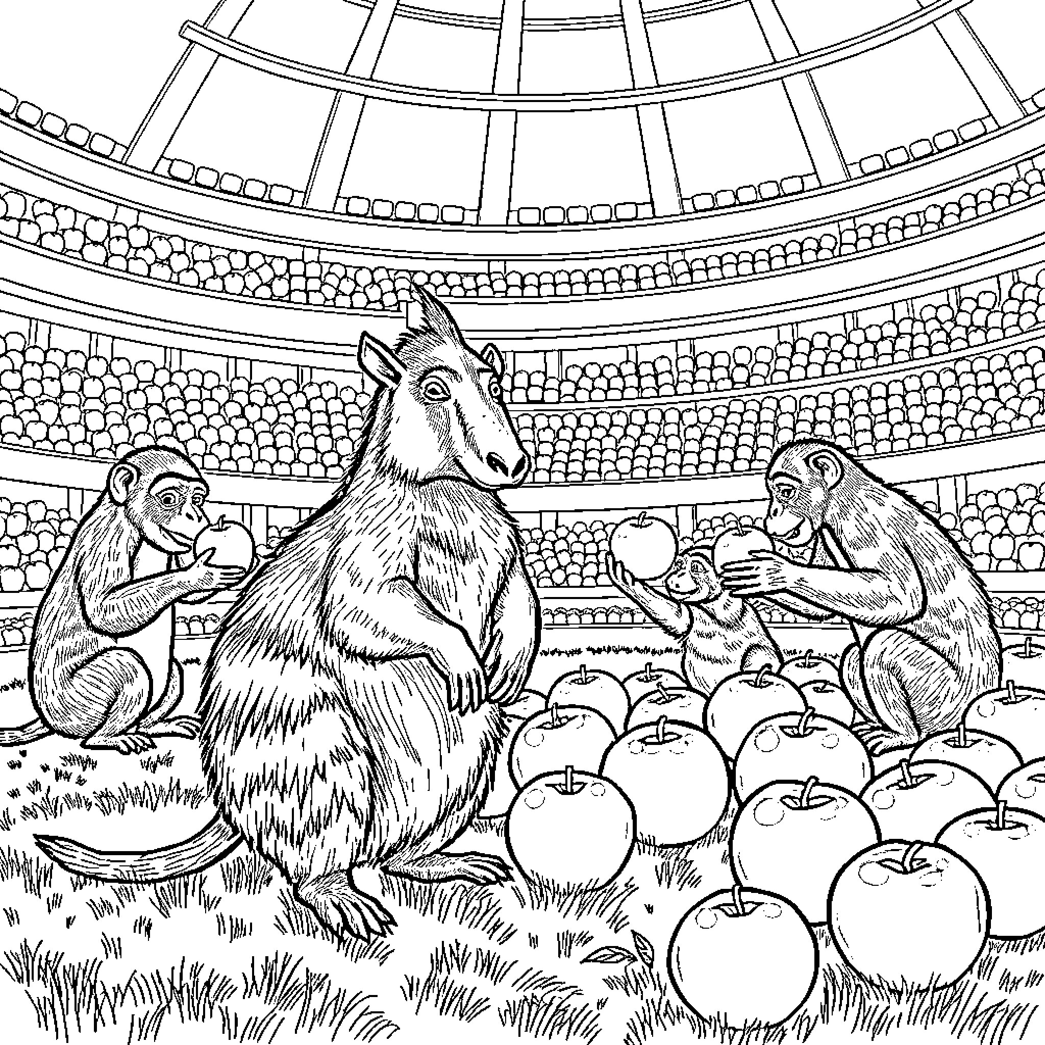 Aardvark and monkeys enjoy apples in a stadium Coloring Page (free black-and-white line drawing printable PDF for all, from beginners to advanced learners, including children, teens, adults, and seniors)