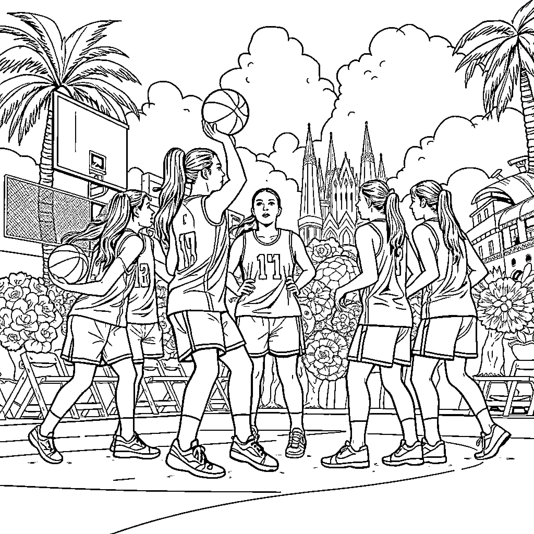 Basketball team playing in tropical outdoor court Coloring Page (free black-and-white line drawing printable PDF for all, from beginners to advanced learners, including children, teens, adults, and seniors)
