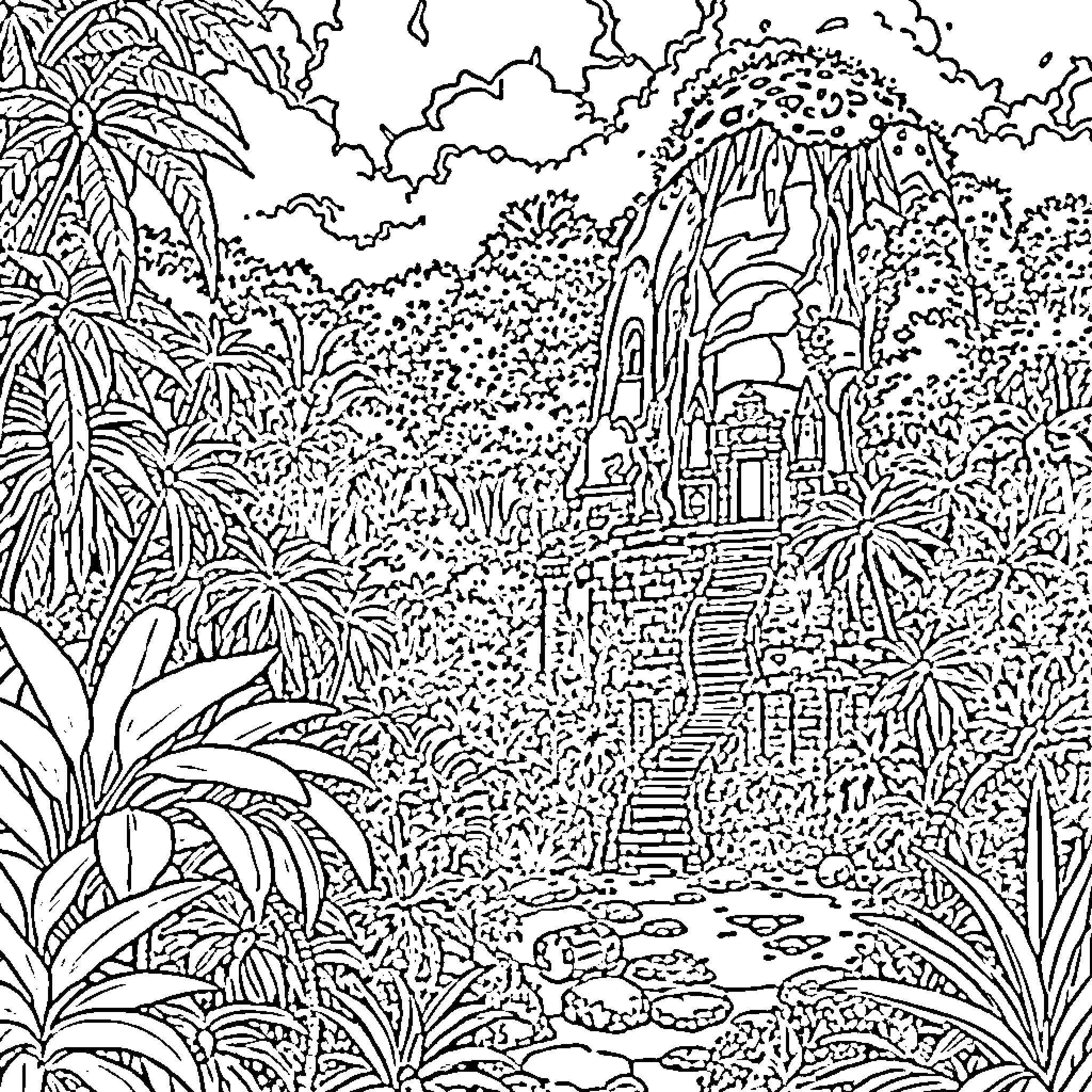 World of Fantastical Landscapes and Structures Coloring Page (free black-and-white line drawing printable PDF for all, from beginners to advanced learners, including children, teens, adults, and seniors)