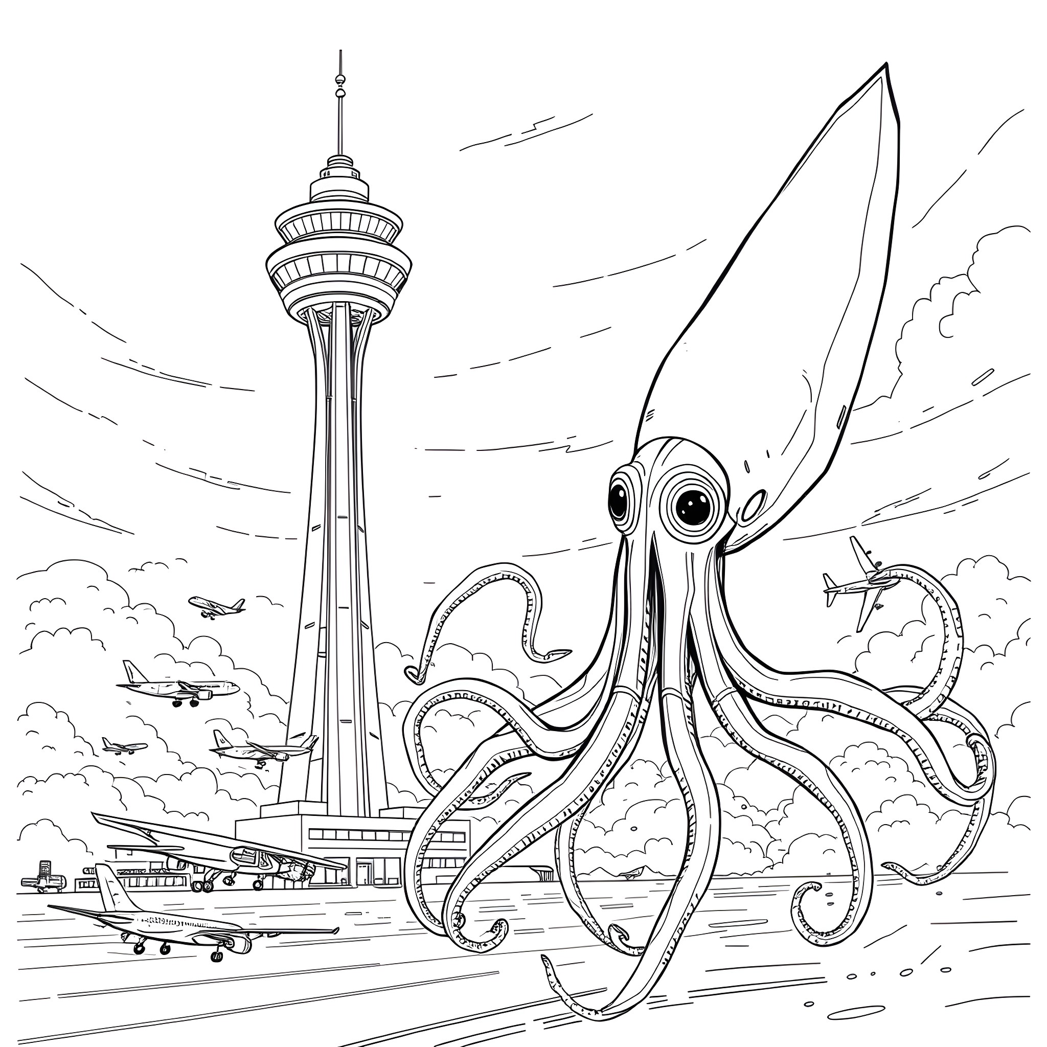Squid exploring the bustling cityscape Coloring Page (free black-and-white line drawing printable PDF for all, from beginners to advanced learners, including children, teens, adults, and seniors)