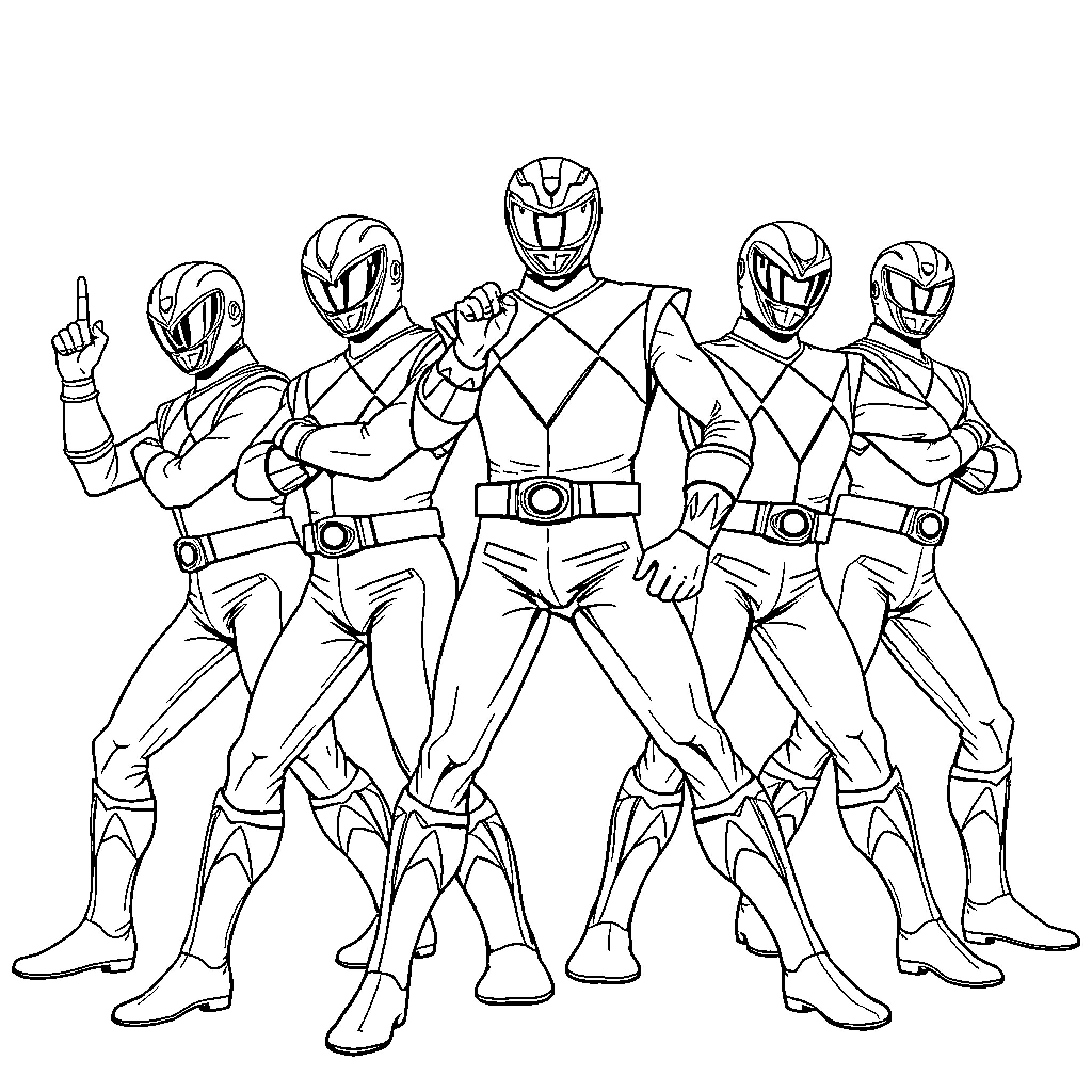 Power Rangers in Action Pose Coloring Page (free black-and-white line drawing printable PDF for all, from beginners to advanced learners, including children, teens, adults, and seniors)
