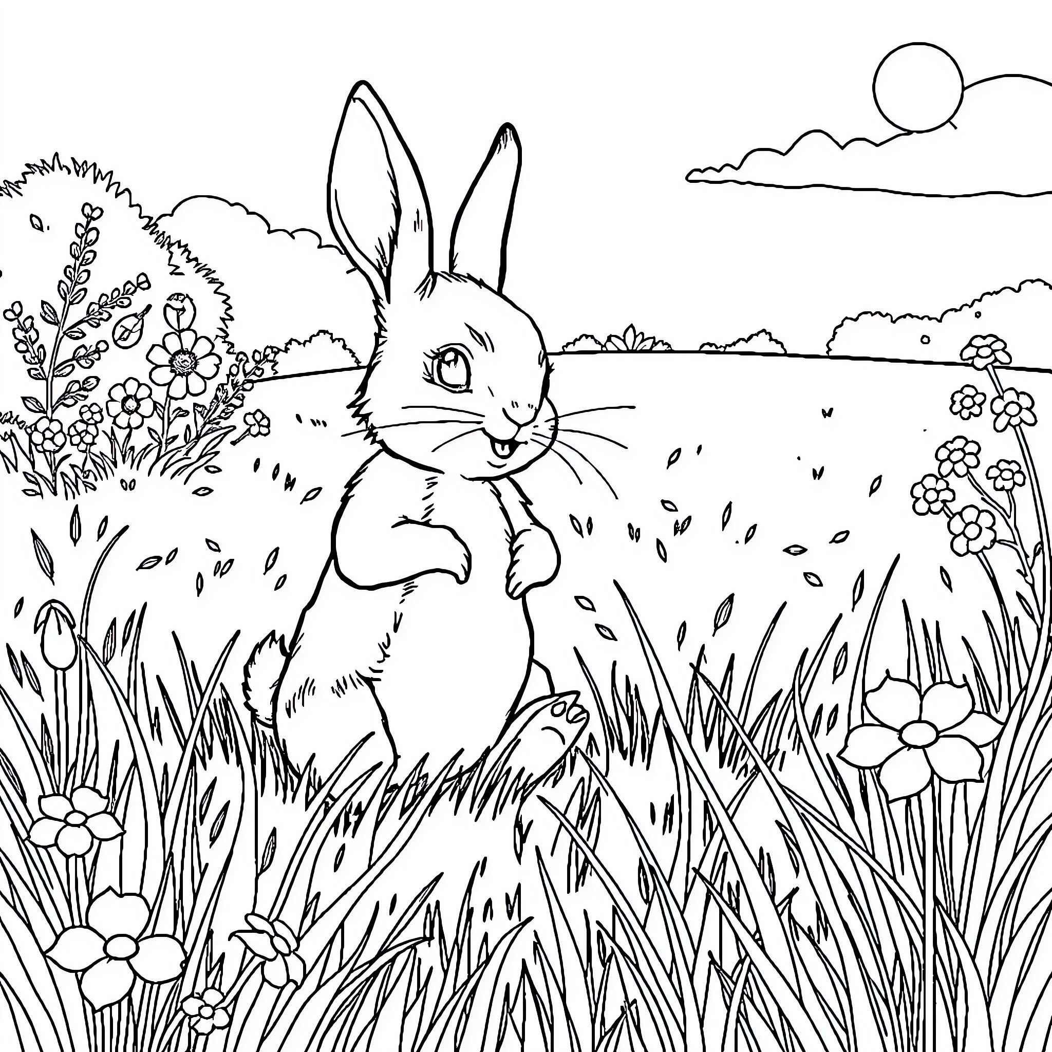 Peter Rabbit hopping through a lush garden Coloring Page (free black-and-white line drawing printable PDF for all, from beginners to advanced learners, including children, teens, adults, and seniors)
