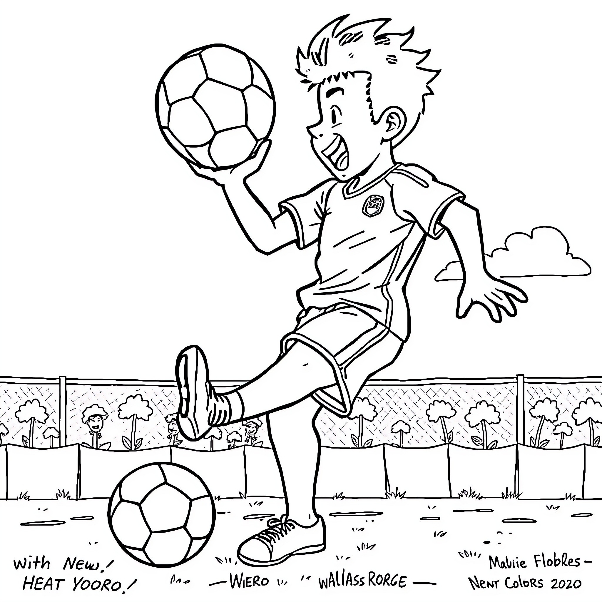 Tanjiro playing with soccer ball on the field Coloring Page (free black-and-white line drawing printable PDF for all, from beginners to advanced learners, including children, teens, adults, and seniors)