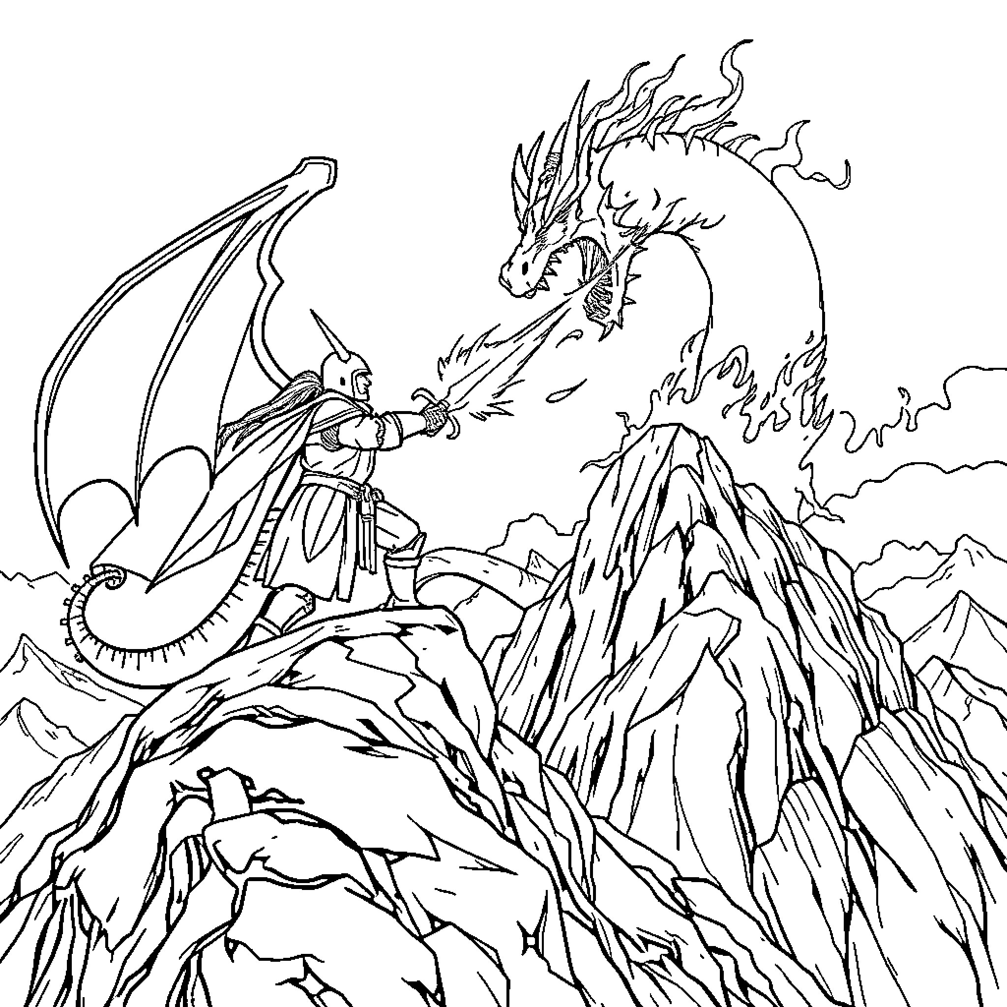 Knight battling a fierce dragon on a rocky mountain Coloring Page (free black-and-white line drawing printable PDF for all, from beginners to advanced learners, including children, teens, adults, and seniors)