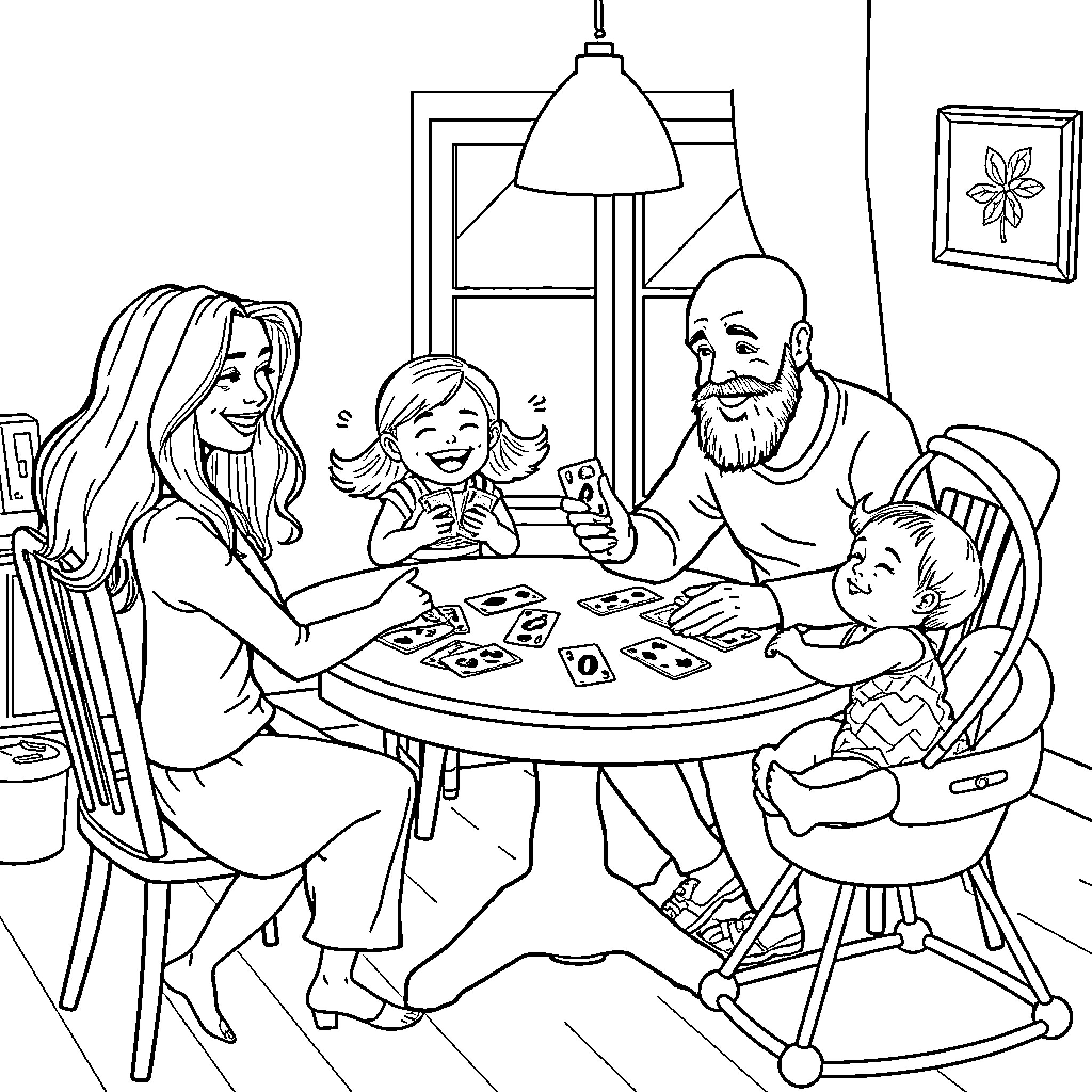 Family playing game together at home Coloring Page (free black-and-white line drawing printable PDF for all, from beginners to advanced learners, including children, teens, adults, and seniors)
