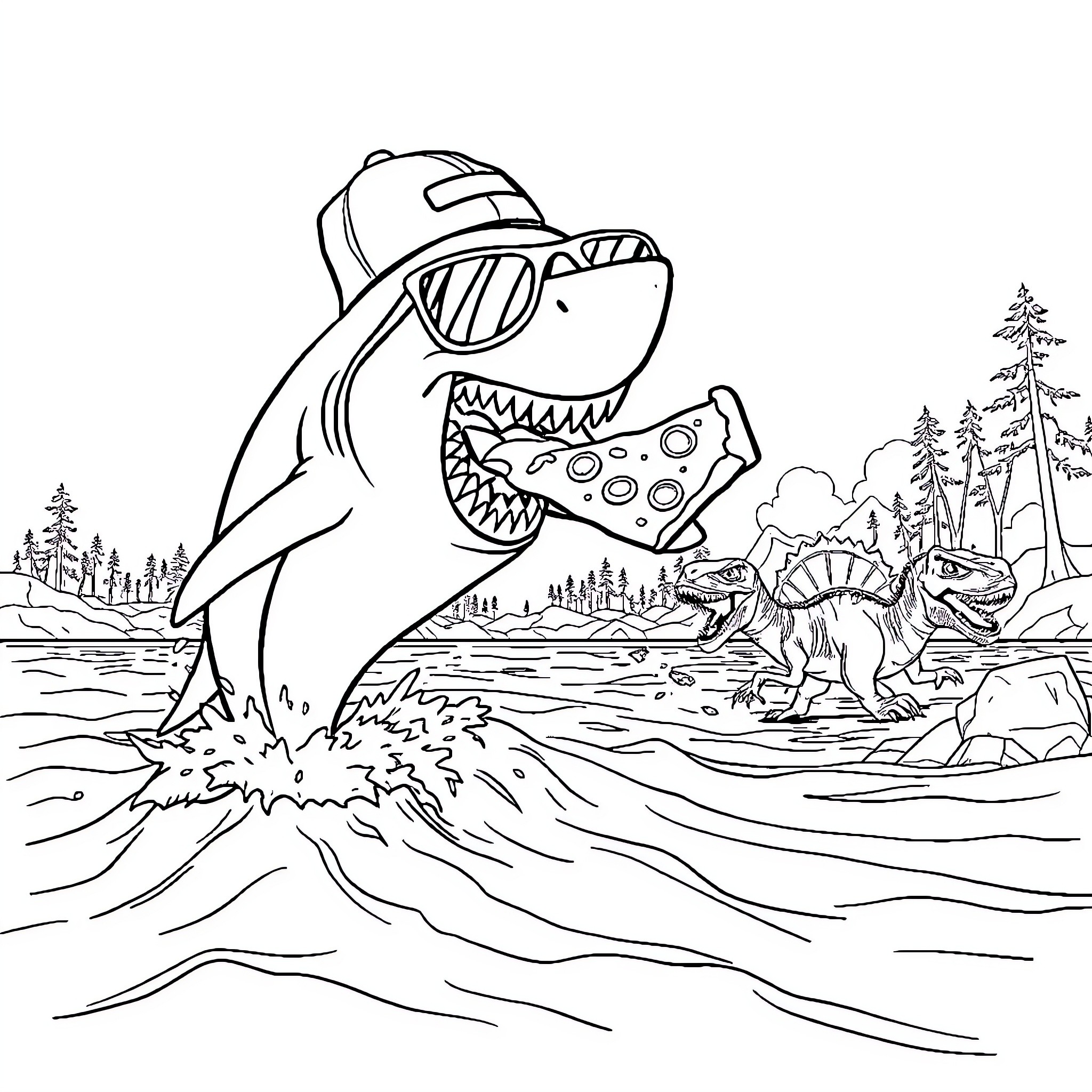Shark wearing hat splashing in the water Coloring Page (free black-and-white line drawing printable PDF for all, from beginners to advanced learners, including children, teens, adults, and seniors)