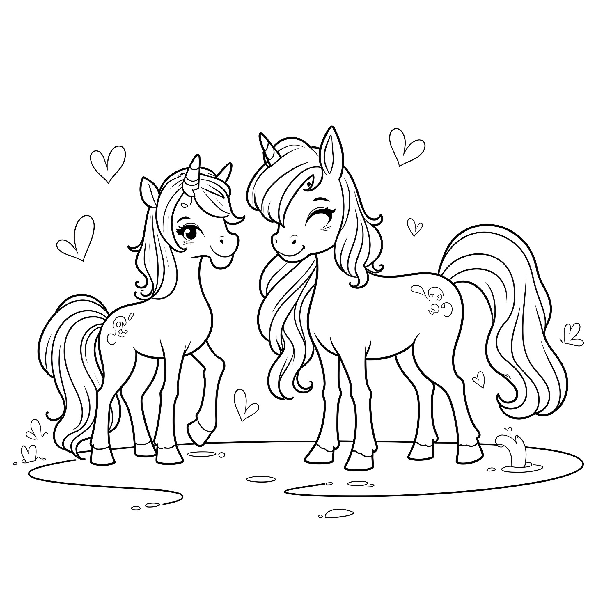 Pony Friends Enjoying Nature Together Coloring Page (free black-and-white line drawing printable PDF for all, from beginners to advanced learners, including children, teens, adults, and seniors)