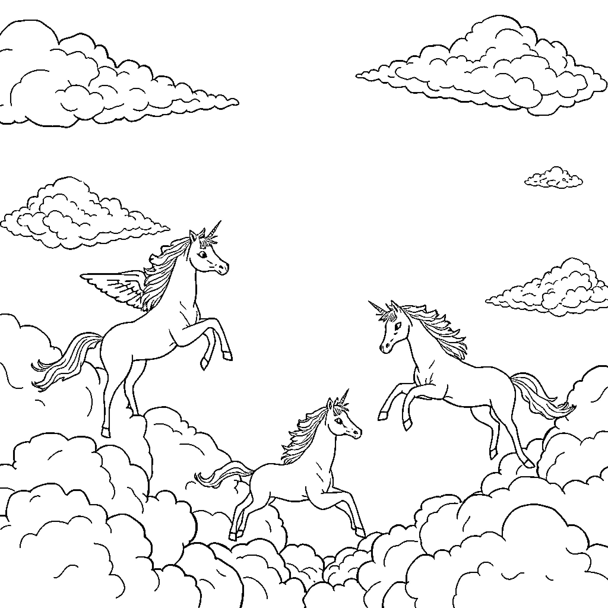 Unicorns soaring through the cloudy skies Coloring Page (free black-and-white line drawing printable PDF for all, from beginners to advanced learners, including children, teens, adults, and seniors)