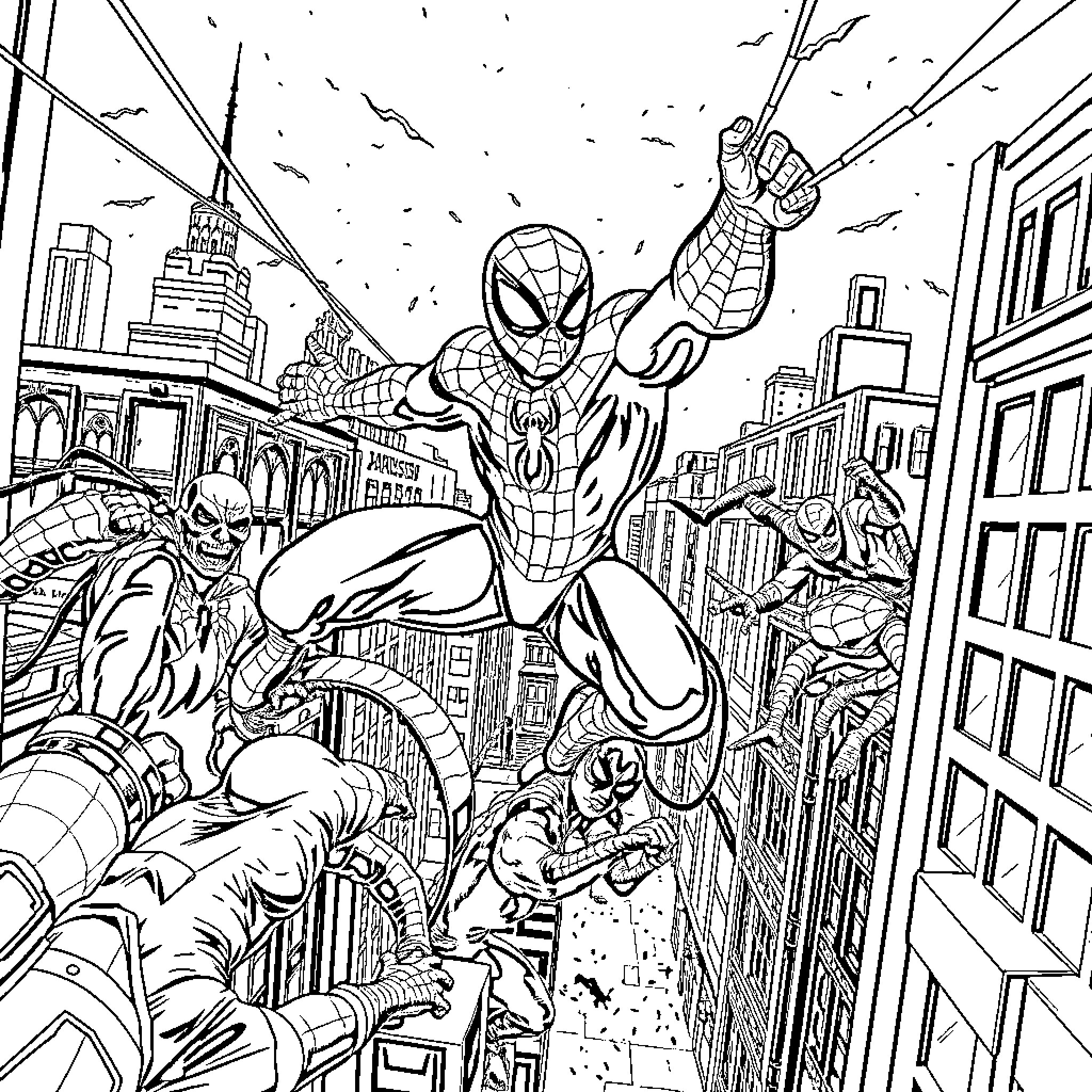 Spiderman swinging through the city skyline Coloring Page (free black-and-white line drawing printable PDF for all, from beginners to advanced learners, including children, teens, adults, and seniors)