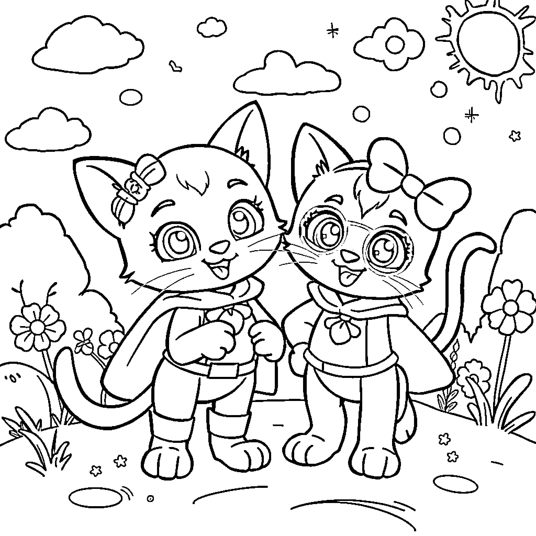 Superkitties playing in the park Coloring Page (free black-and-white line drawing printable PDF for all, from beginners to advanced learners, including children, teens, adults, and seniors)