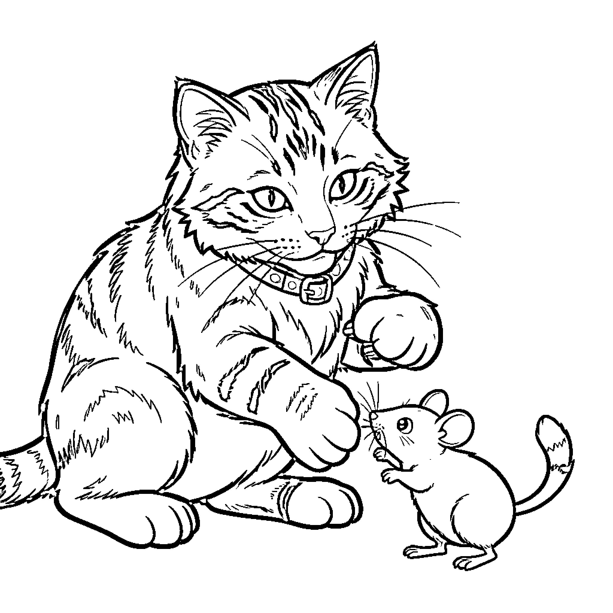 Cat Playfully Interacting with Mouse Coloring Page (free black-and-white line drawing printable PDF for all, from beginners to advanced learners, including children, teens, adults, and seniors)