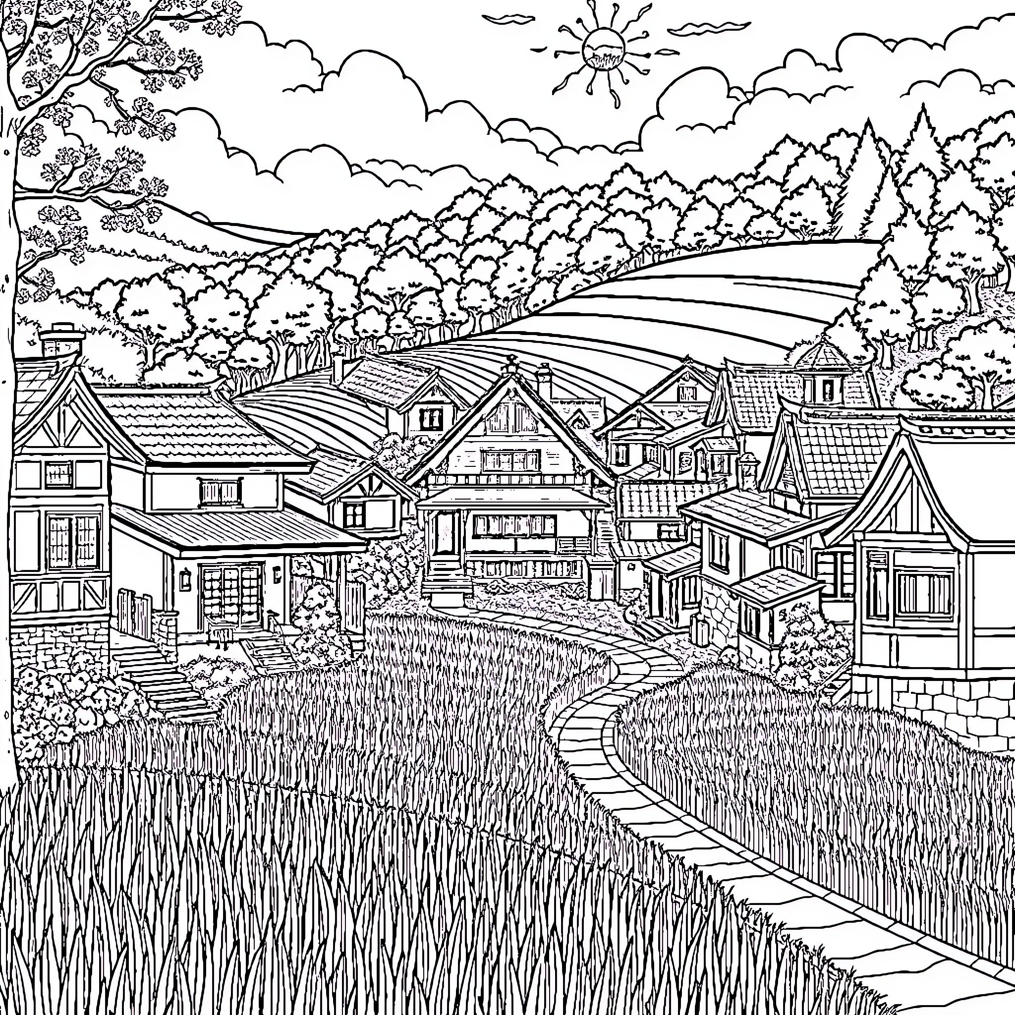 Town with quaint homes and idyllic countryside Coloring Page (free black-and-white line drawing printable PDF for all, from beginners to advanced learners, including children, teens, adults, and seniors)