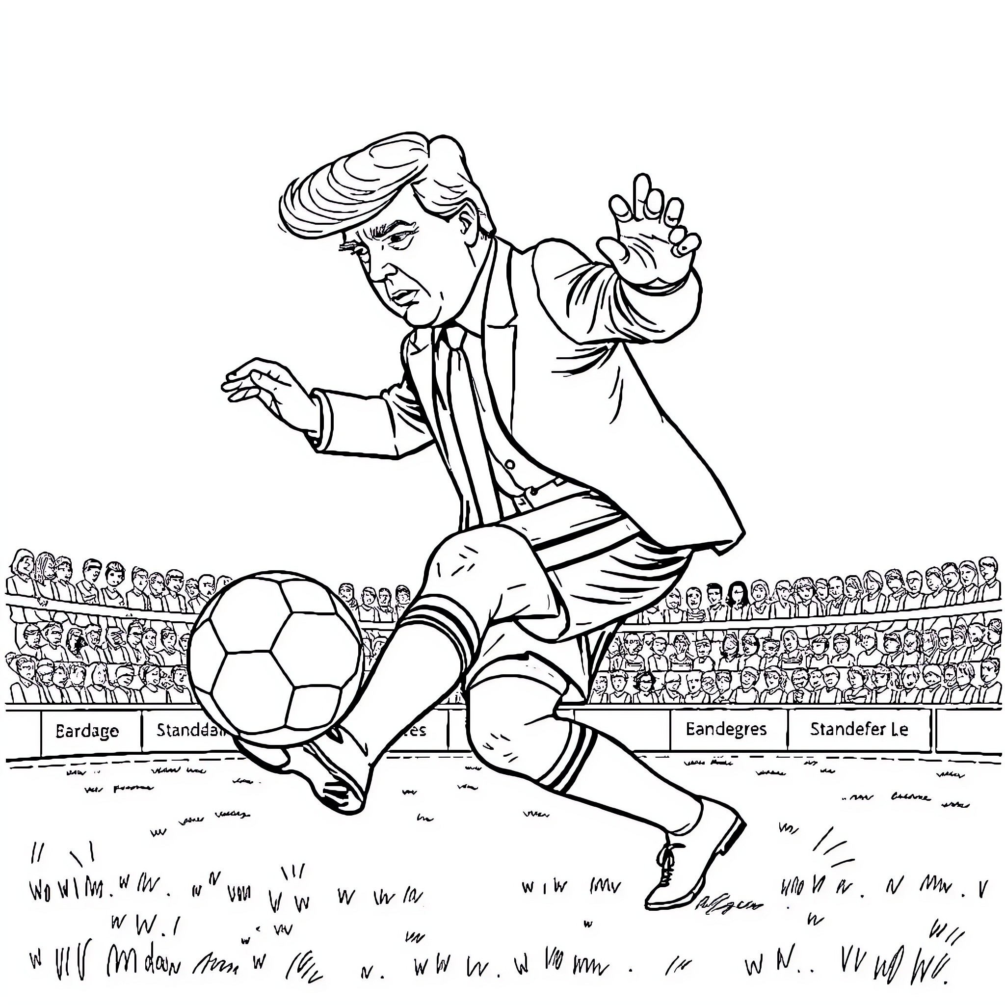 Donald Trump playing soccer in the stadium Coloring Page (free black-and-white line drawing printable PDF for all, from beginners to advanced learners, including children, teens, adults, and seniors)