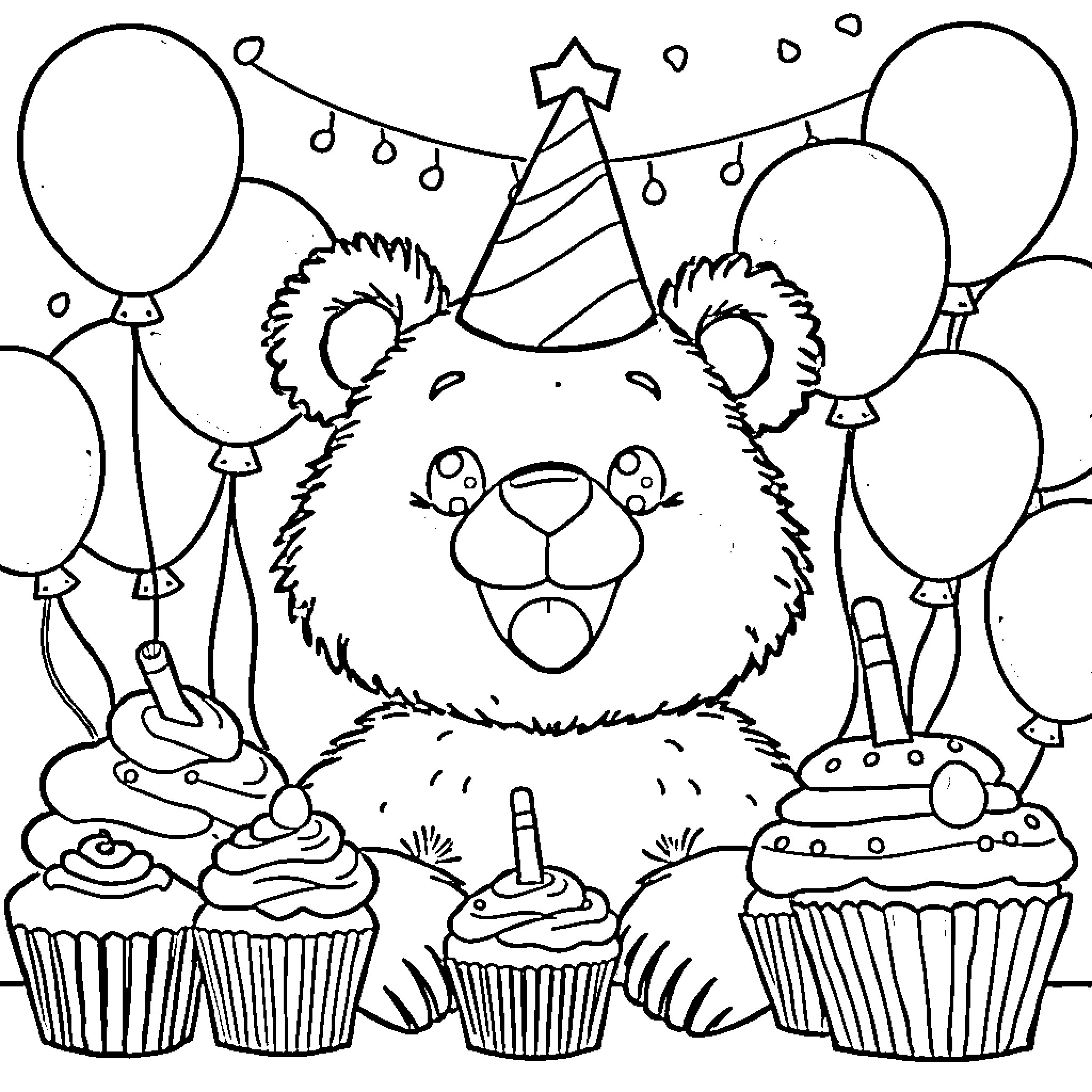 Bear celebrating with party hat and cupcakes Coloring Page (free black-and-white line drawing printable PDF for all, from beginners to advanced learners, including children, teens, adults, and seniors)