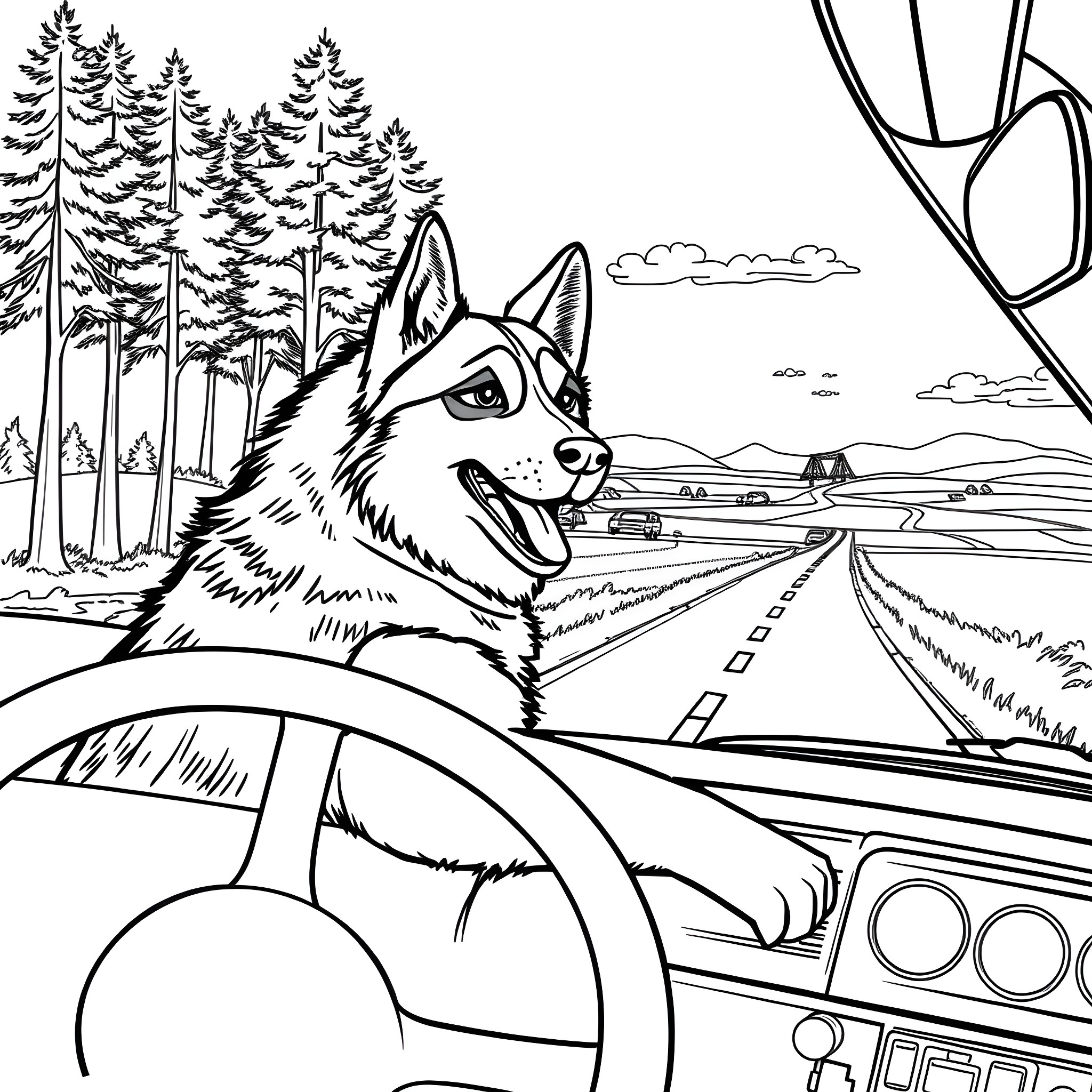Husky driving through scenic mountain landscape Coloring Page (free black-and-white line drawing printable PDF for all, from beginners to advanced learners, including children, teens, adults, and seniors)