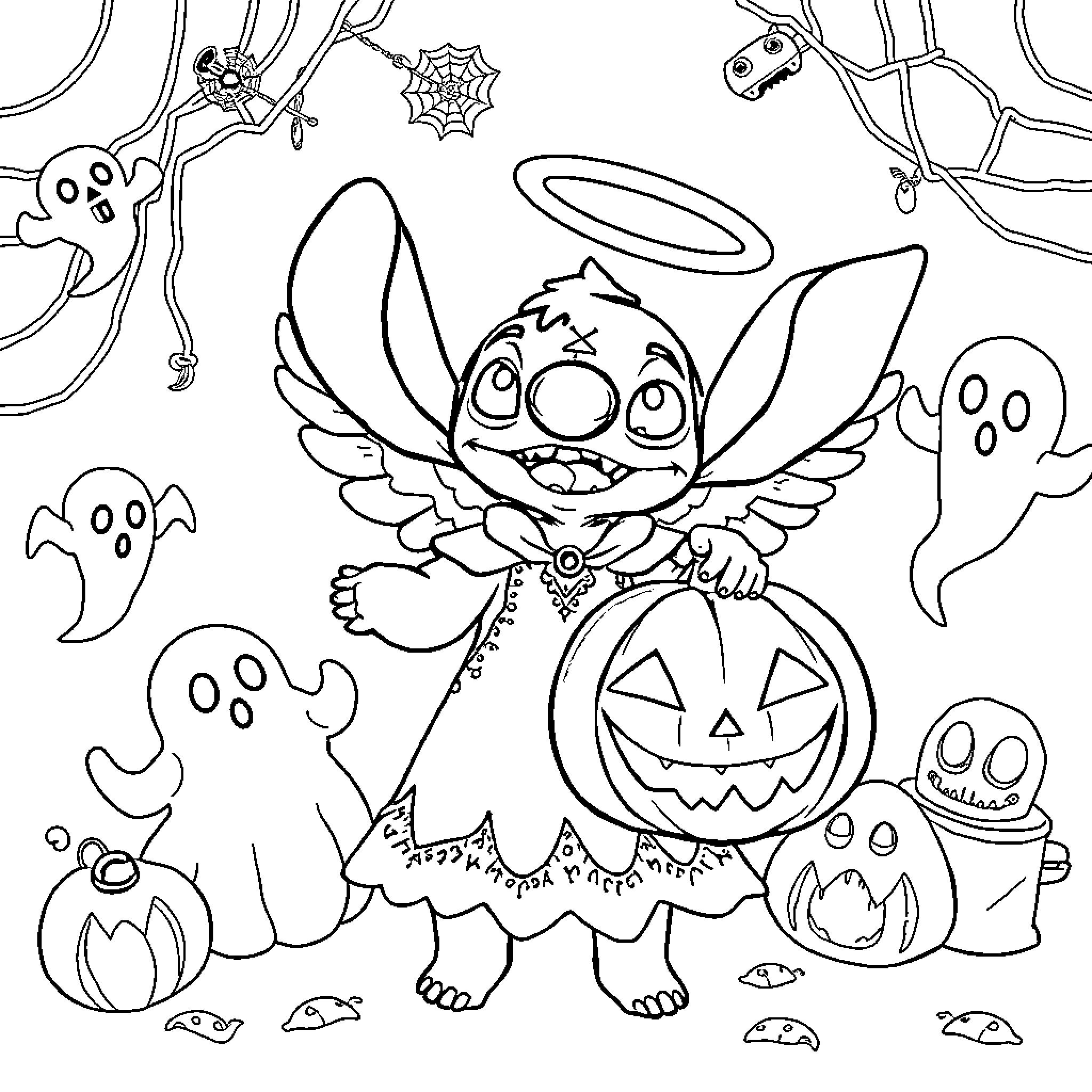 Angel in Halloween costume with jack-o'-lanterns and ghosts Coloring Page (free black-and-white line drawing printable PDF for all, from beginners to advanced learners, including children, teens, adults, and seniors)