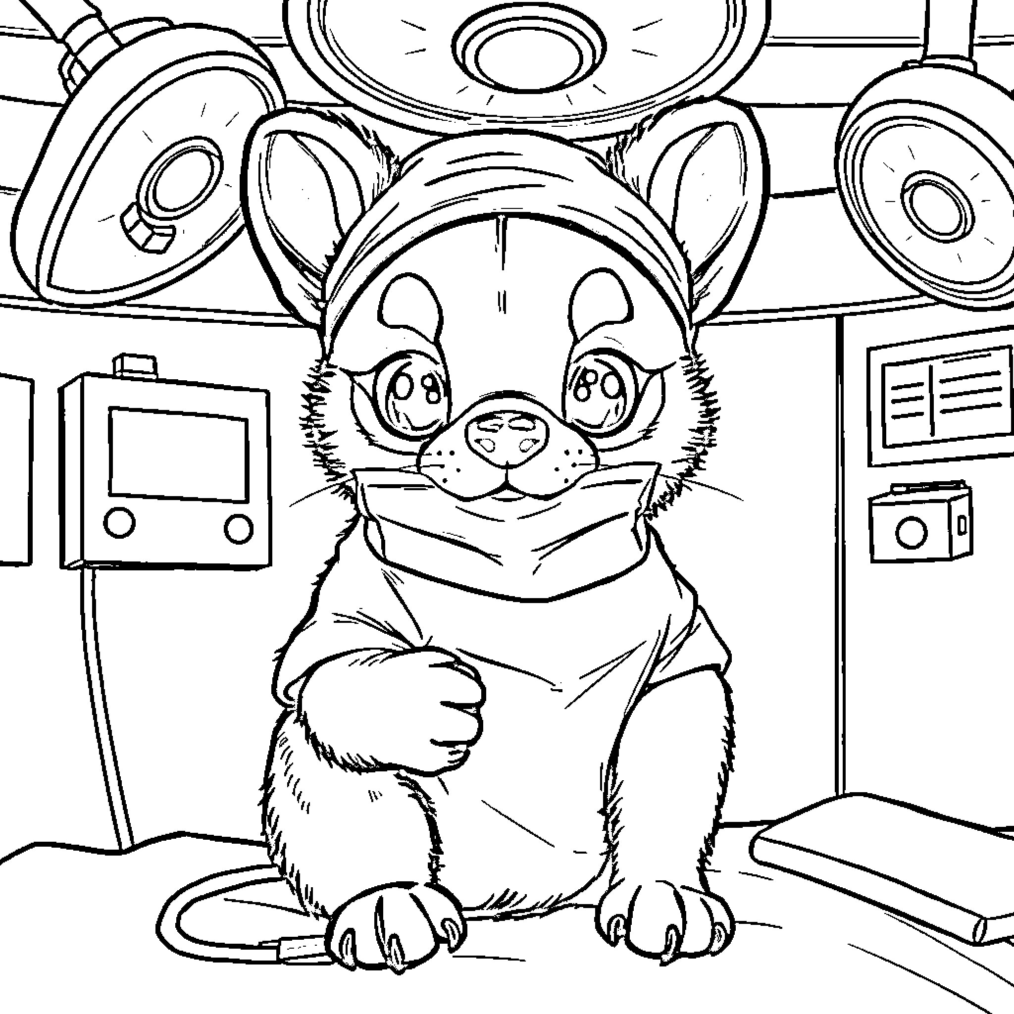 Dog in robotic lab environment Coloring Page (free black-and-white line drawing printable PDF for all, from beginners to advanced learners, including children, teens, adults, and seniors)