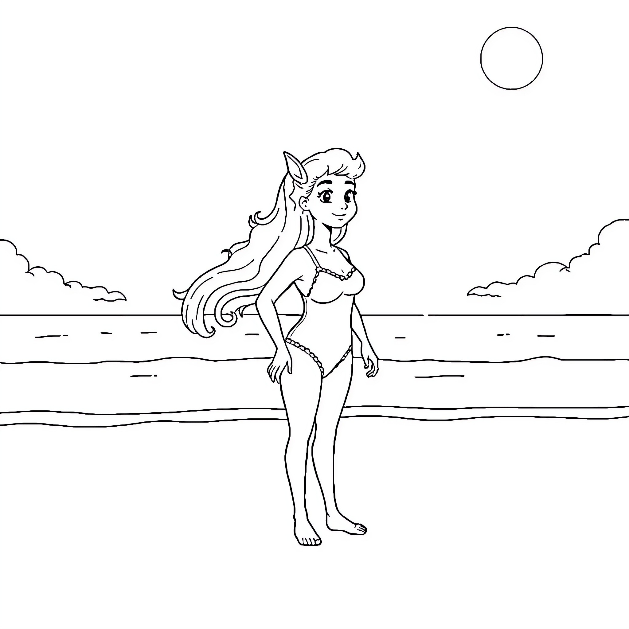 Snow Queen enjoying a day at the beach Coloring Page (free black-and-white line drawing printable PDF for all, from beginners to advanced learners, including children, teens, adults, and seniors)