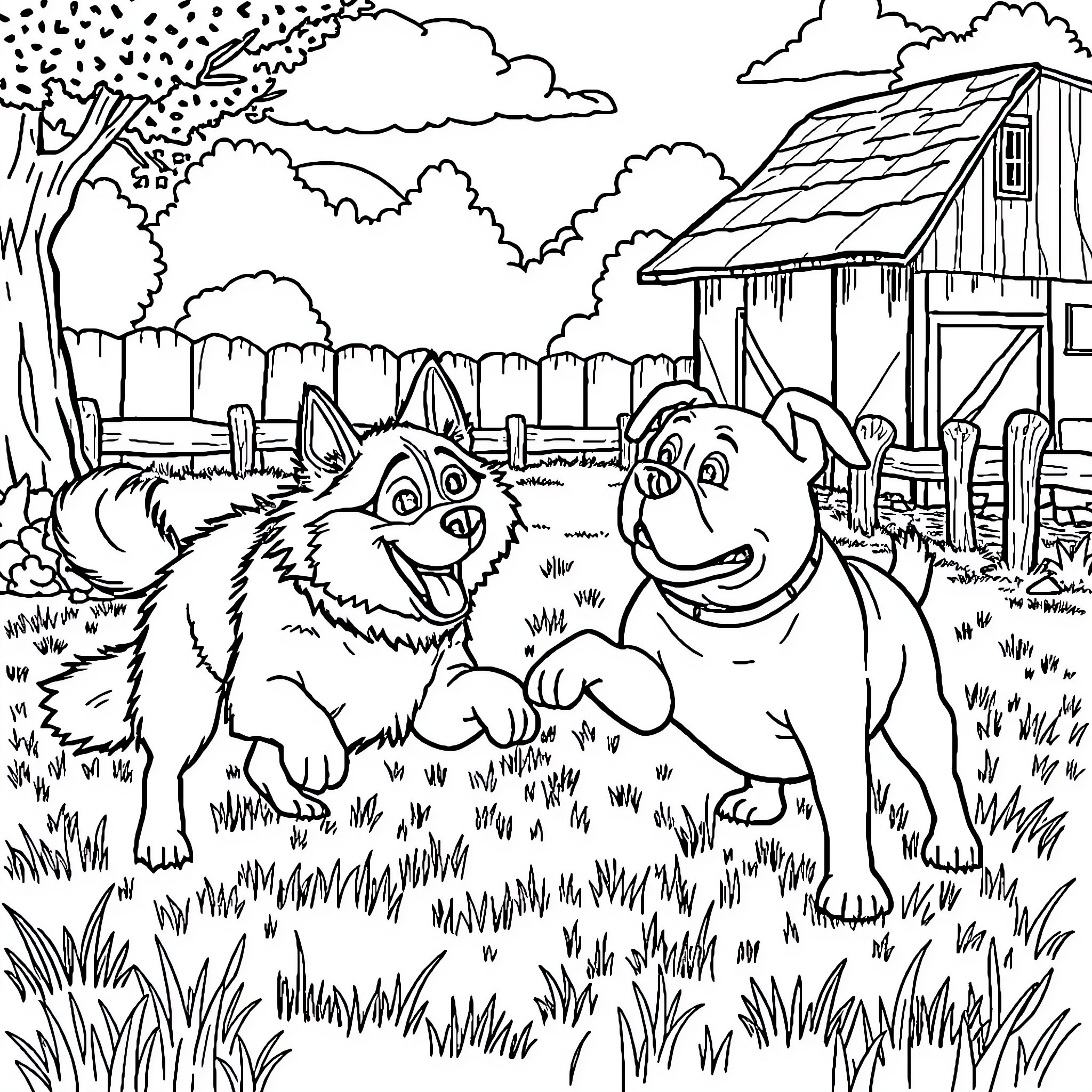 Husky dogs playing happily in a rural farmyard Coloring Page (free black-and-white line drawing printable PDF for all, from beginners to advanced learners, including children, teens, adults, and seniors)
