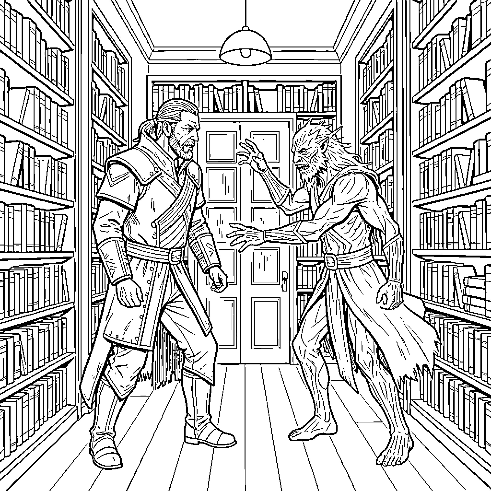 Jack confronting a creature in a library Coloring Page (free black-and-white line drawing printable PDF for all, from beginners to advanced learners, including children, teens, adults, and seniors)