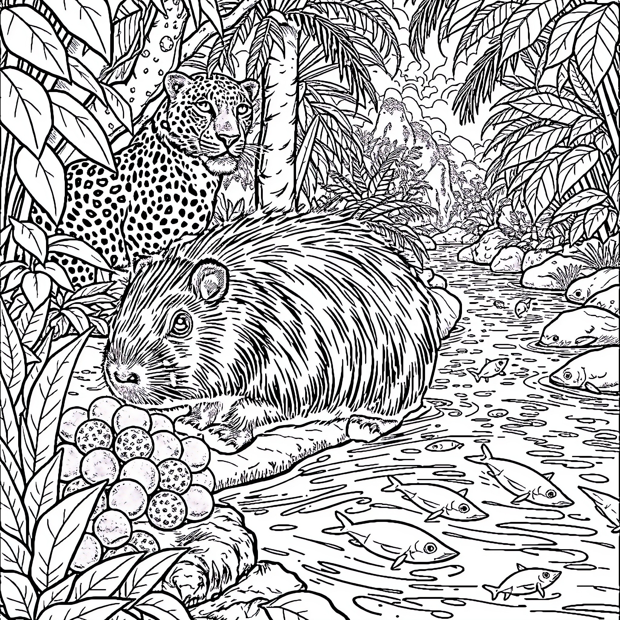 Capybara in lush tropical jungle landscape Coloring Page (free black-and-white line drawing printable PDF for all, from beginners to advanced learners, including children, teens, adults, and seniors)