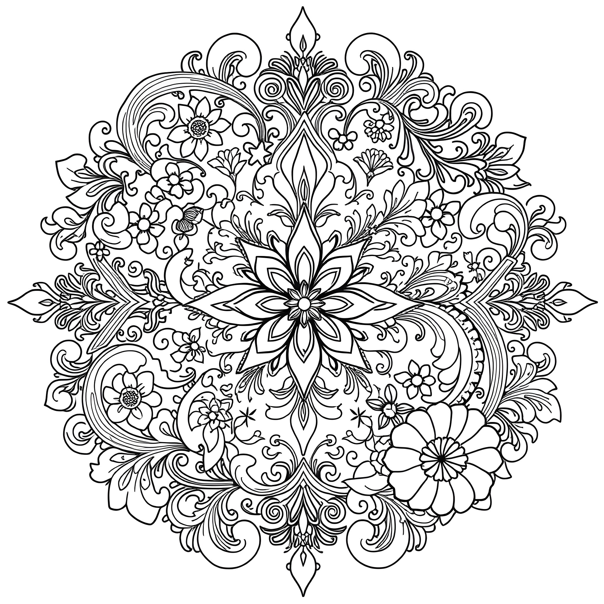 Paisley floral patterns and intricate designs Coloring Page (free black-and-white line drawing printable PDF for all, from beginners to advanced learners, including children, teens, adults, and seniors)
