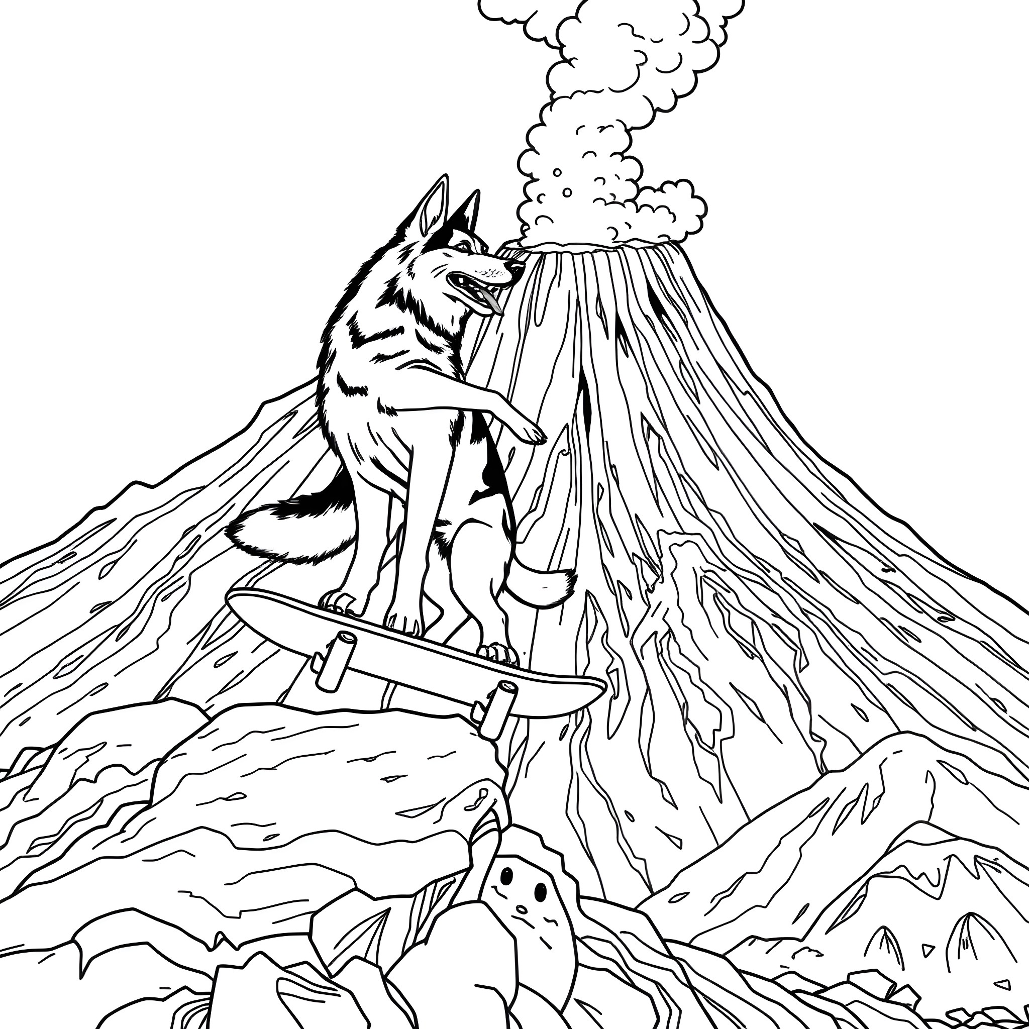 German Shepherd Guarding Volcanic Eruption Coloring Page (free black-and-white line drawing printable PDF for all, from beginners to advanced learners, including children, teens, adults, and seniors)