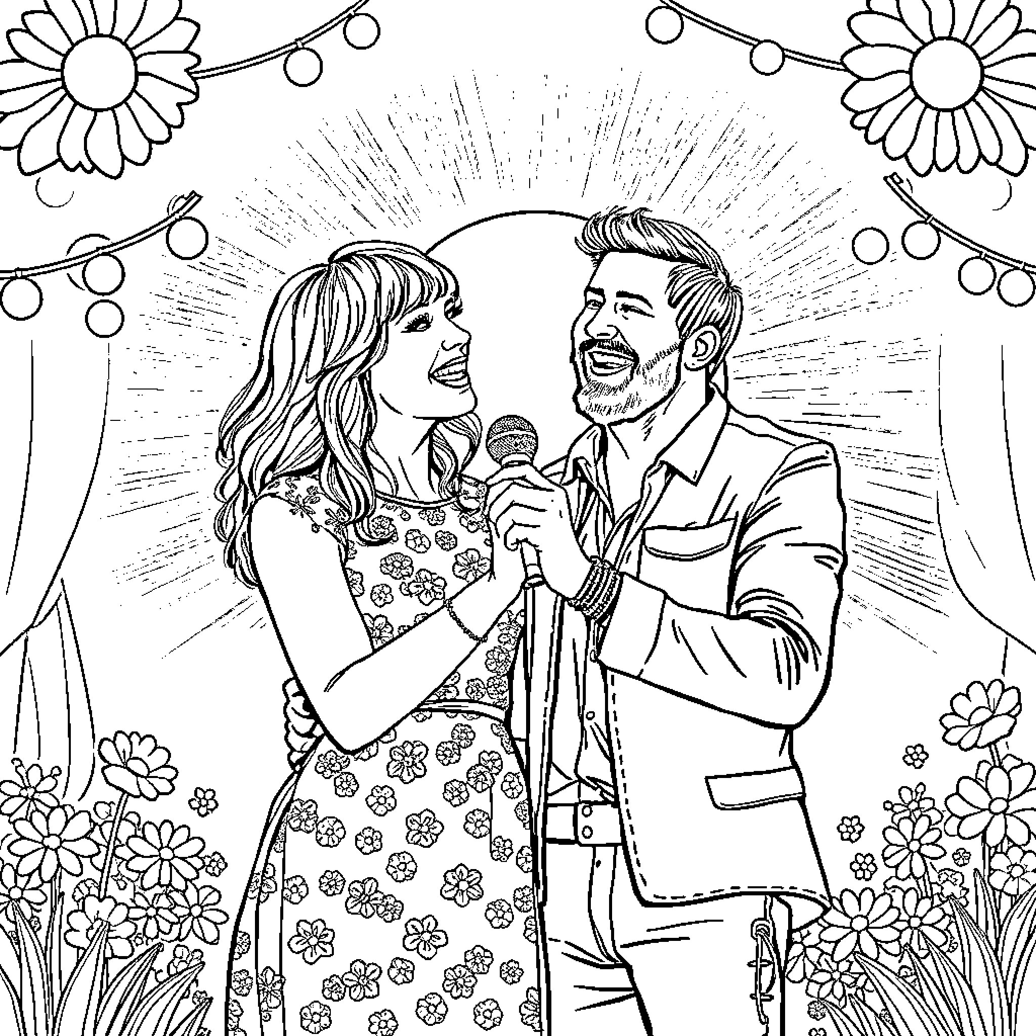 Taylor Swift and spouse performing on stage with flowers Coloring Page (free black-and-white line drawing printable PDF for all, from beginners to advanced learners, including children, teens, adults, and seniors)