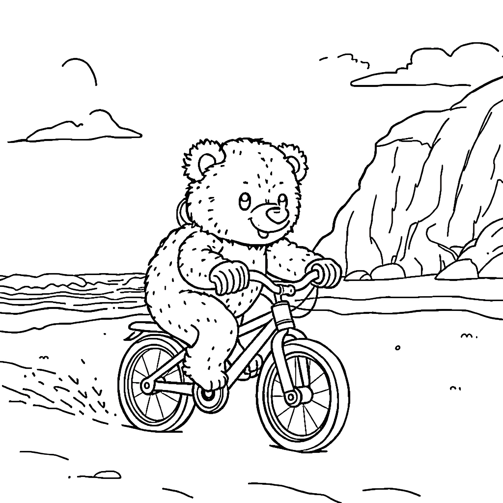 Bear riding a bicycle by the beach Coloring Page (free black-and-white line drawing printable PDF for all, from beginners to advanced learners, including children, teens, adults, and seniors)