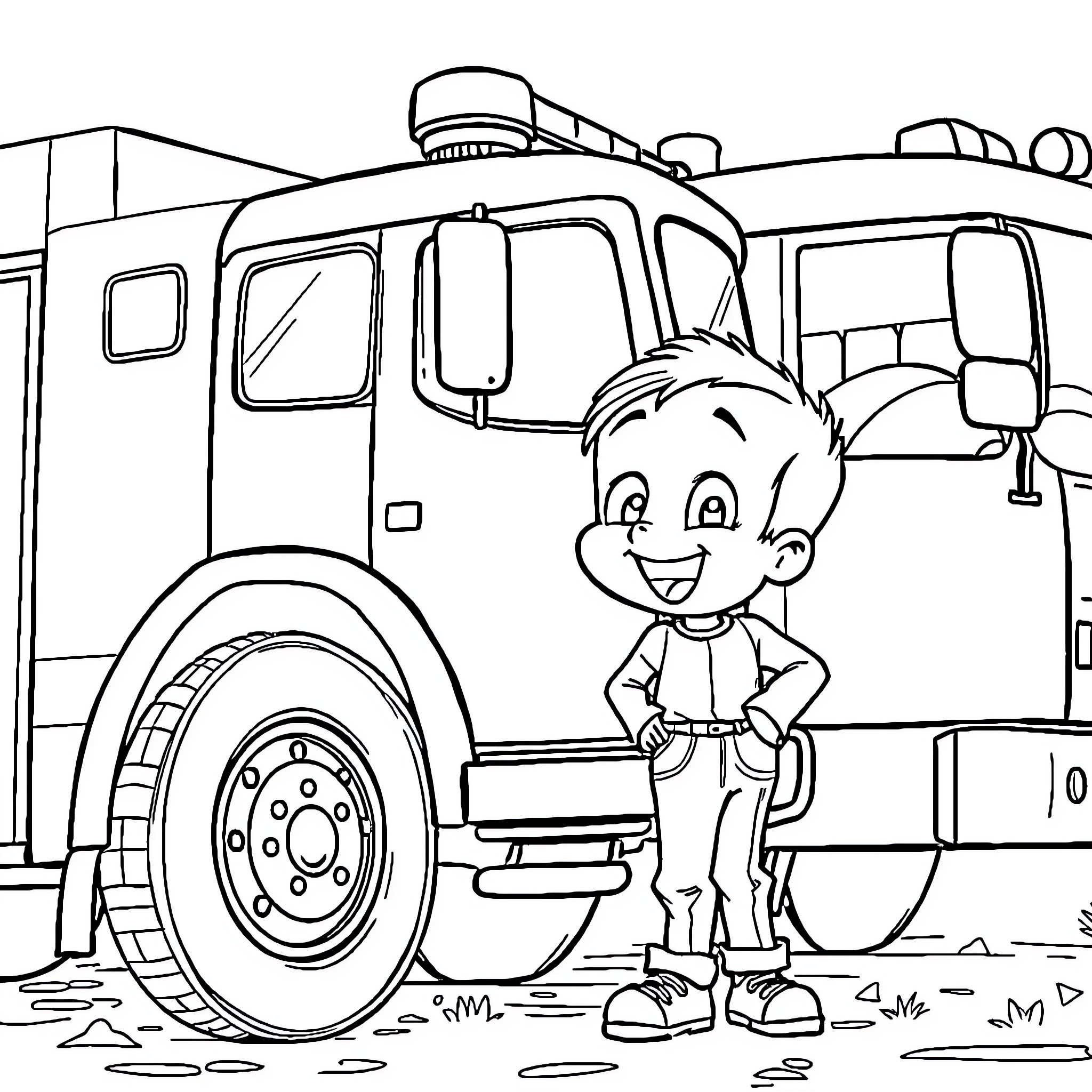 Fire Truck Crew Member Examining Vehicle Coloring Page (free black-and-white line drawing printable PDF for all, from beginners to advanced learners, including children, teens, adults, and seniors)
