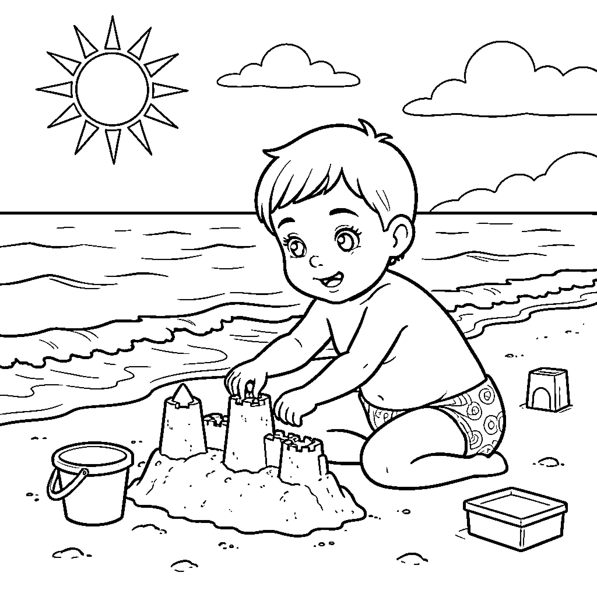 Niño building sandcastle on the beach Coloring Page (free black-and-white line drawing printable PDF for all, from beginners to advanced learners, including children, teens, adults, and seniors)