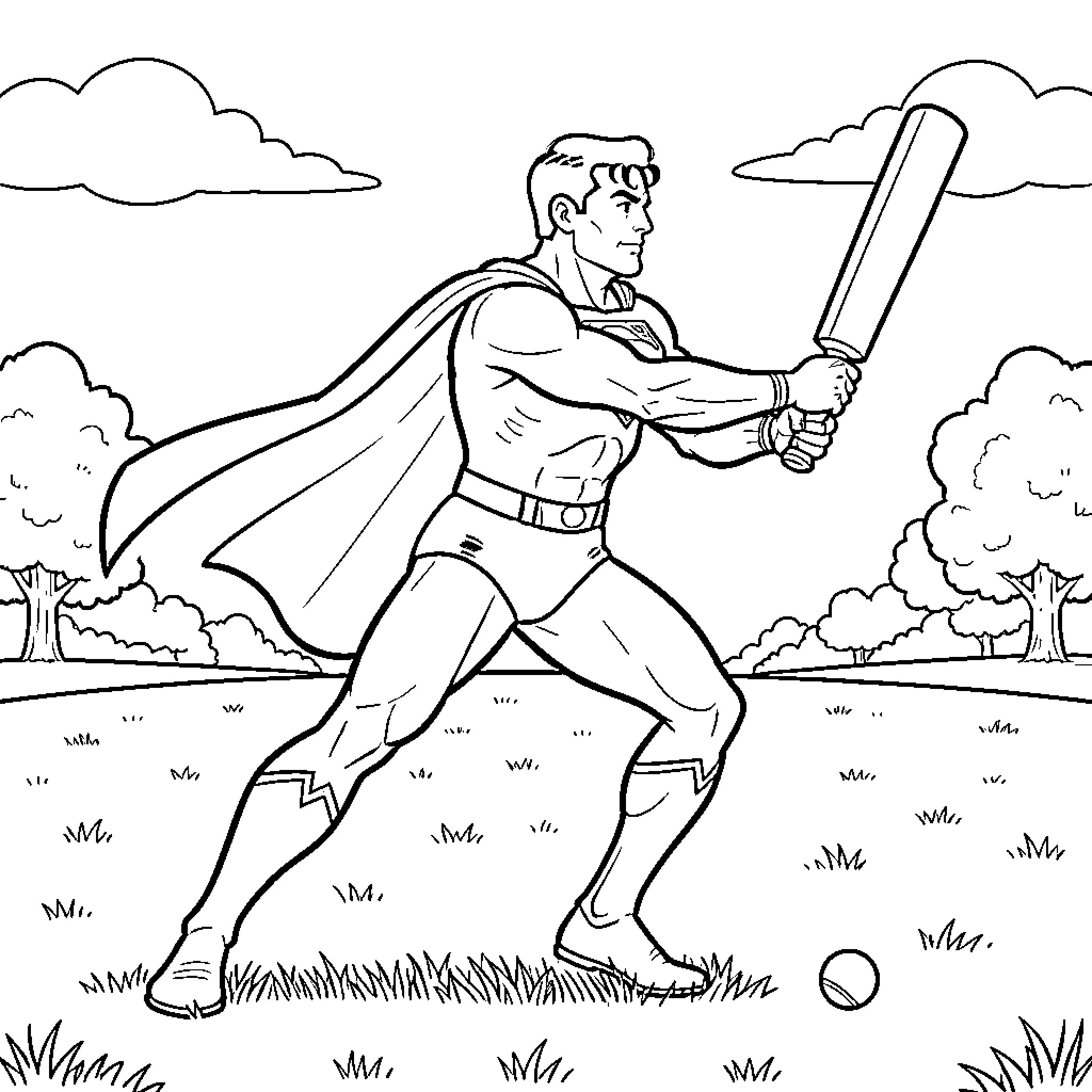 Superman standing heroically with a baseball bat Coloring Page (free black-and-white line drawing printable PDF for all, from beginners to advanced learners, including children, teens, adults, and seniors)