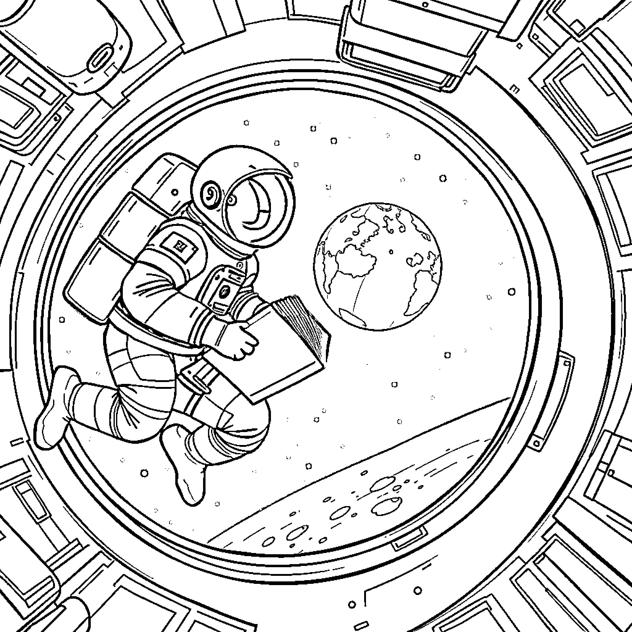 Astronaut exploring the vast expanse of space Coloring Page (free black-and-white line drawing printable PDF for all, from beginners to advanced learners, including children, teens, adults, and seniors)