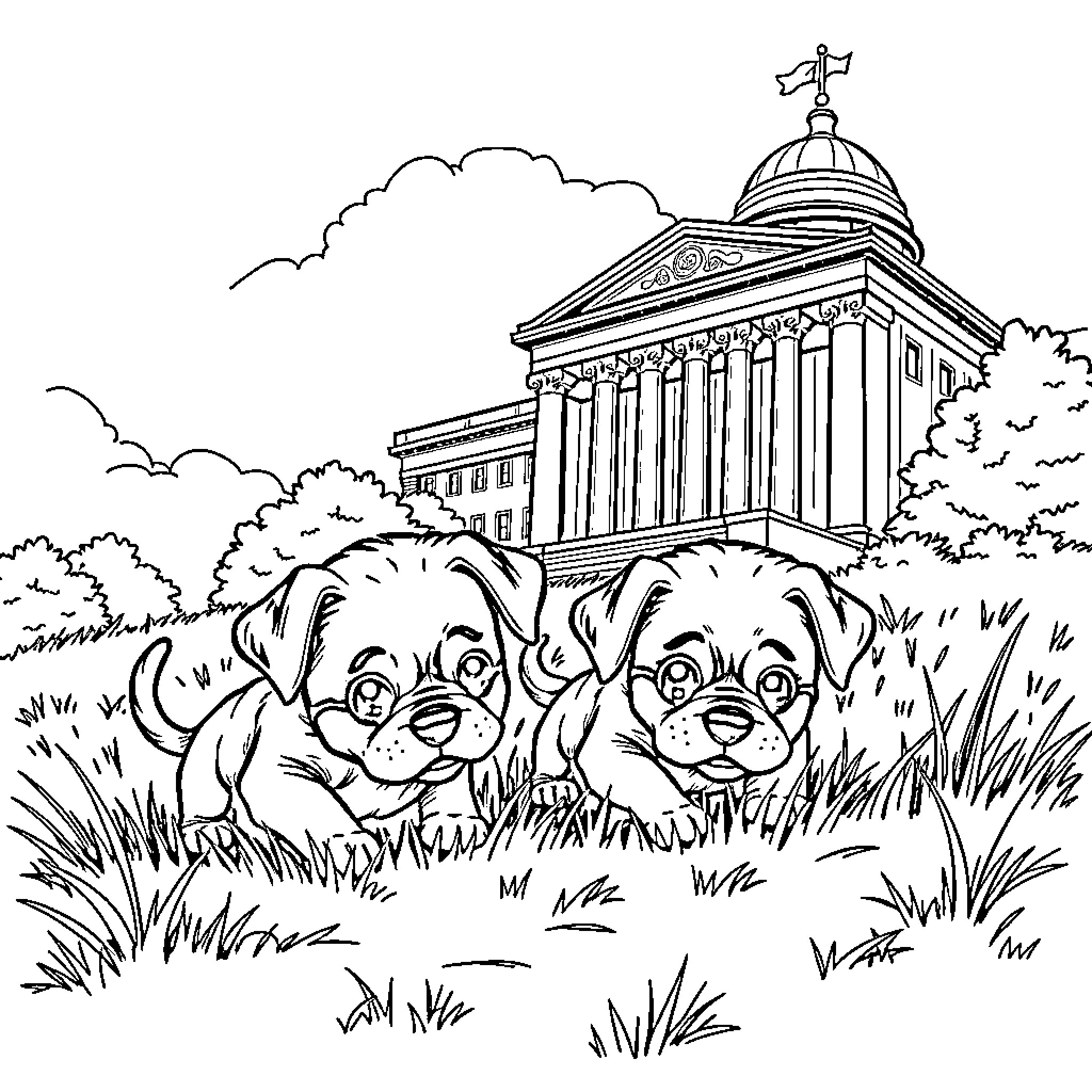 Puppy Pals Exploring the Capitol Grounds Coloring Page (free black-and-white line drawing printable PDF for all, from beginners to advanced learners, including children, teens, adults, and seniors)
