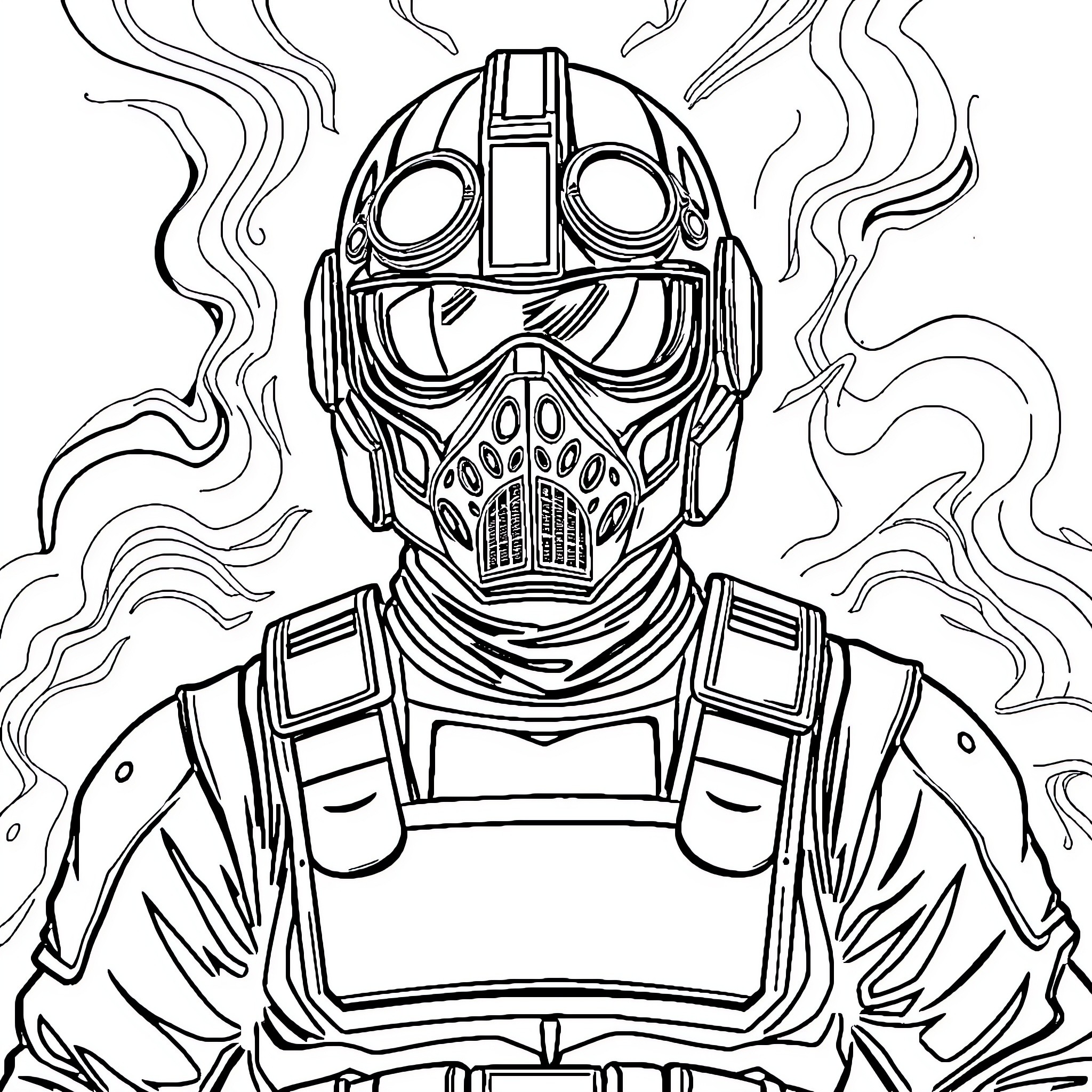 Mask of futuristic warrior with smoky atmosphere Coloring Page (free black-and-white line drawing printable PDF for all, from beginners to advanced learners, including children, teens, adults, and seniors)