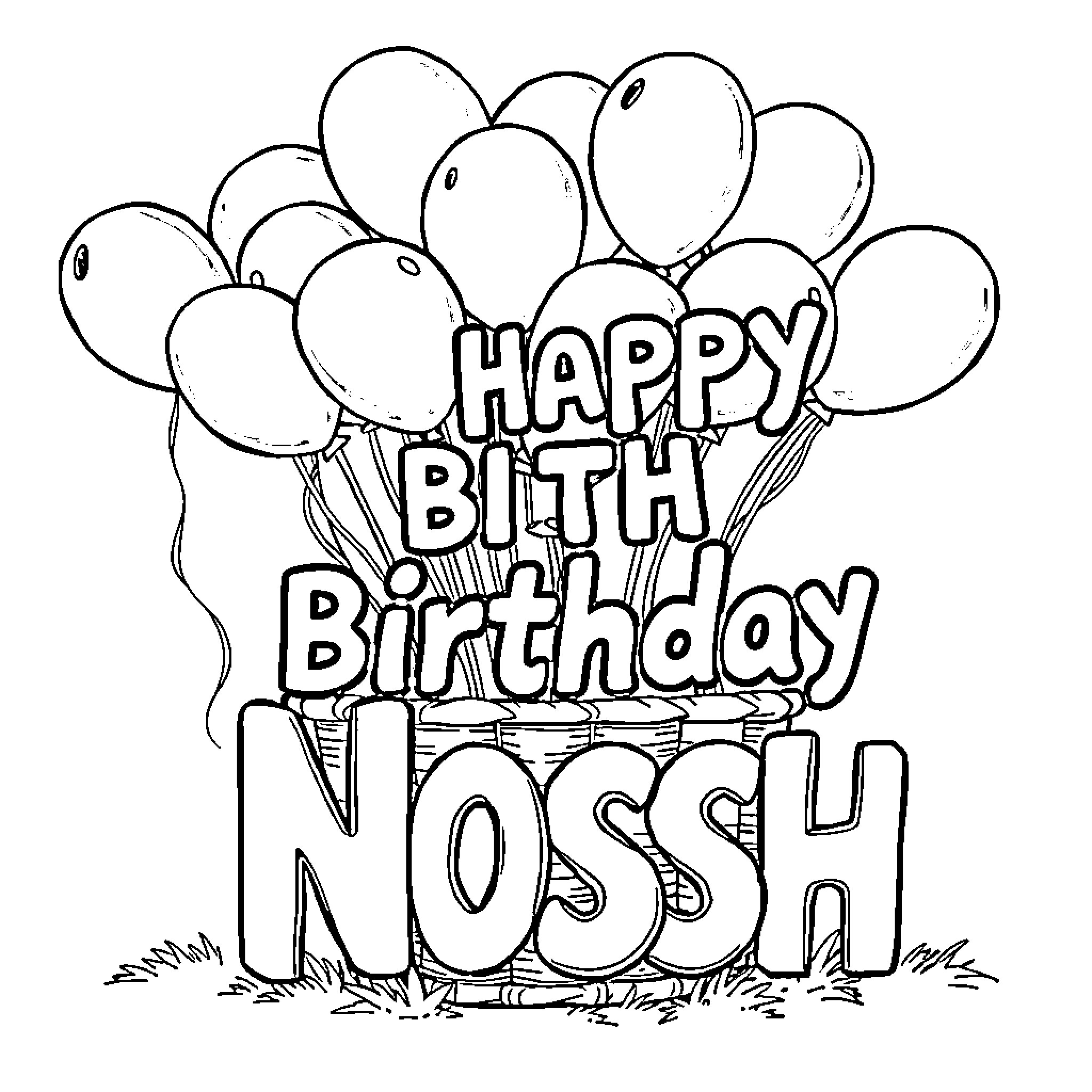 Balloon Birthday Celebration for Nossh Coloring Page (free black-and-white line drawing printable PDF for all, from beginners to advanced learners, including children, teens, adults, and seniors)