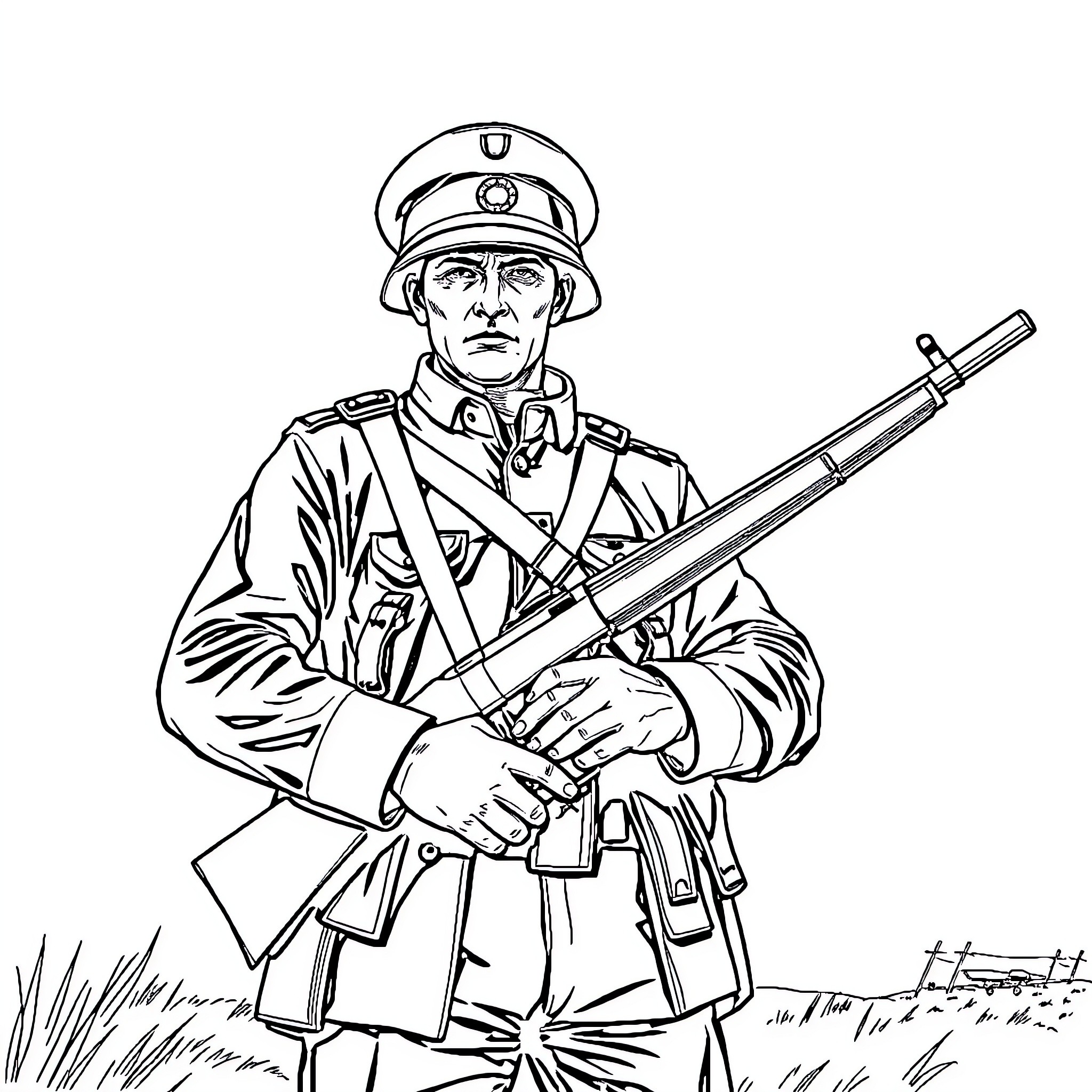 Soldier standing with rifle in combat gear Coloring Page (free black-and-white line drawing printable PDF for all, from beginners to advanced learners, including children, teens, adults, and seniors)