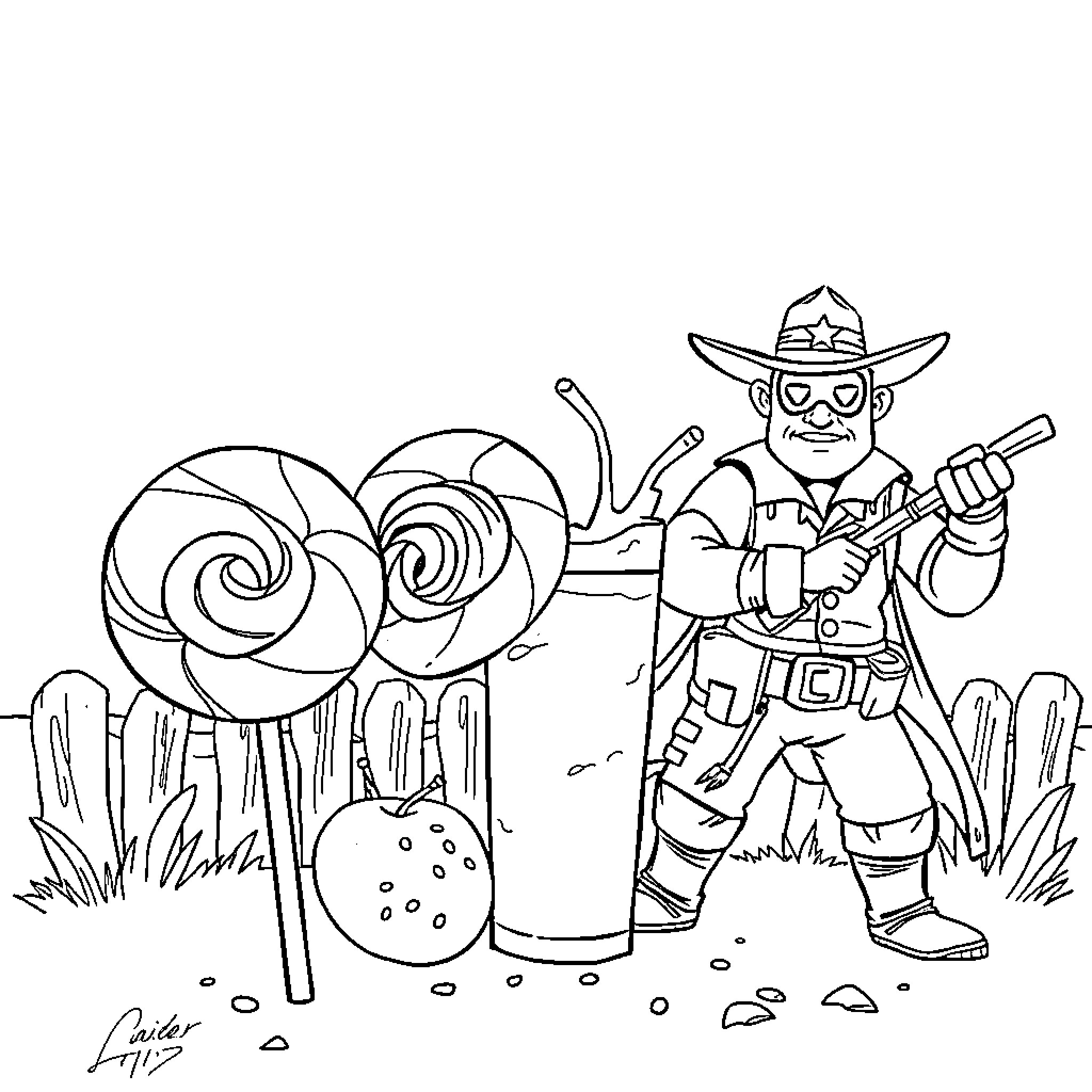 Sheriff in the Candy Land Outpost Coloring Page (free black-and-white line drawing printable PDF for all, from beginners to advanced learners, including children, teens, adults, and seniors)