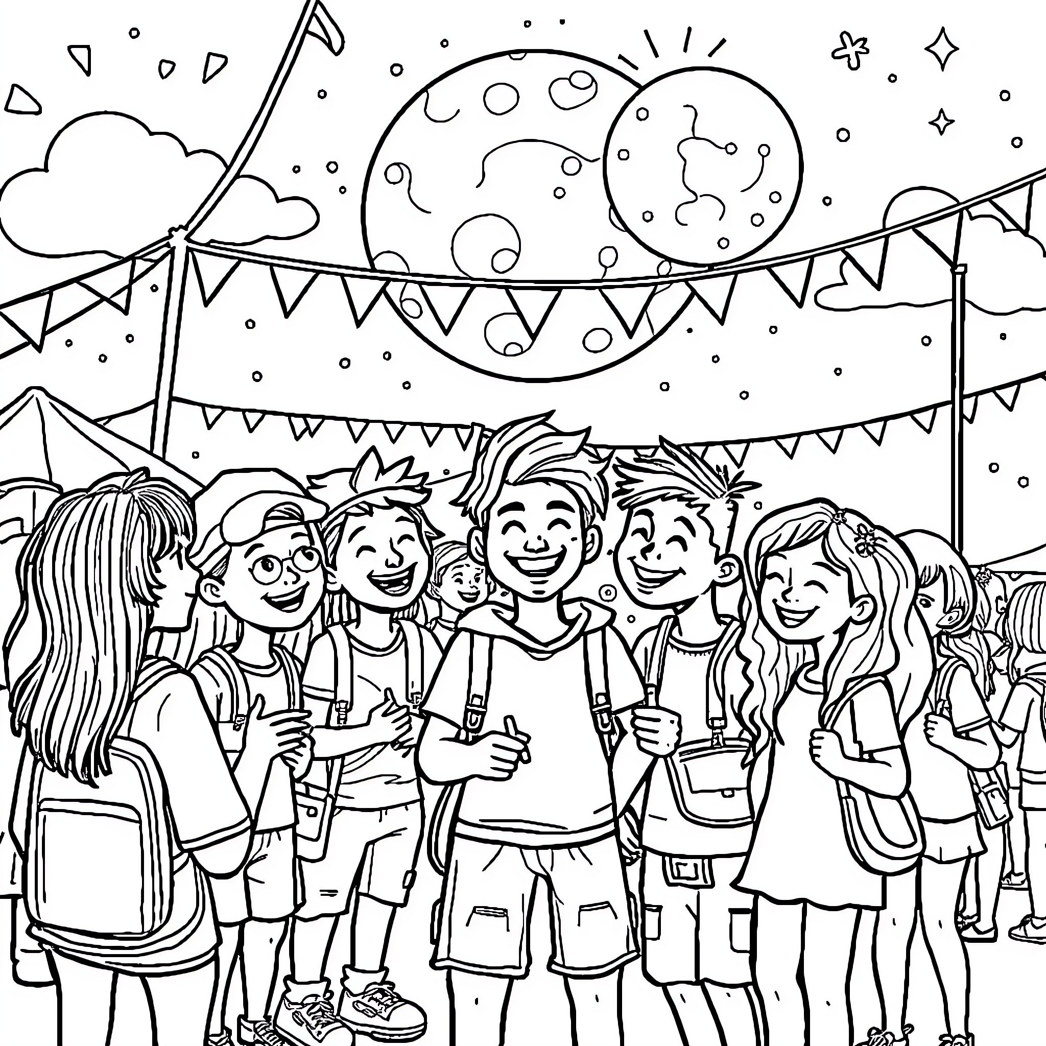 Headspace Characters Celebrating Together Under Starry Sky Coloring Page (free black-and-white line drawing printable PDF for all, from beginners to advanced learners, including children, teens, adults, and seniors)