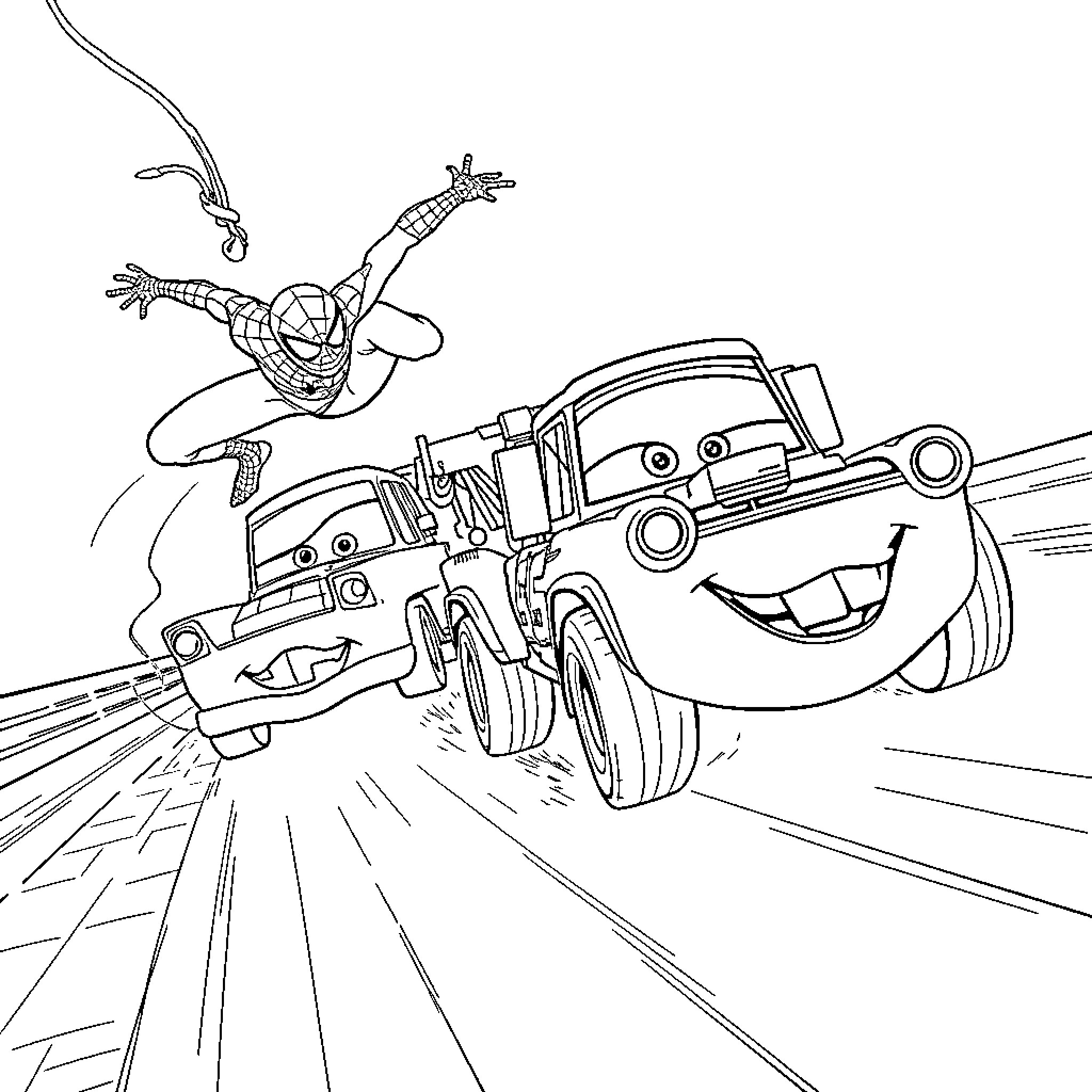 Spiderman racing alongside a smiling cartoon car Coloring Page (free black-and-white line drawing printable PDF for all, from beginners to advanced learners, including children, teens, adults, and seniors)