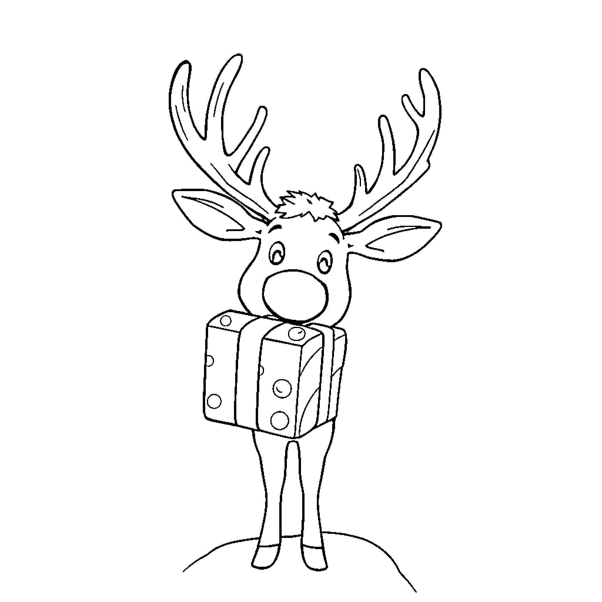 Reindeer carrying a present Coloring Page (free black-and-white line drawing printable PDF for all, from beginners to advanced learners, including children, teens, adults, and seniors)