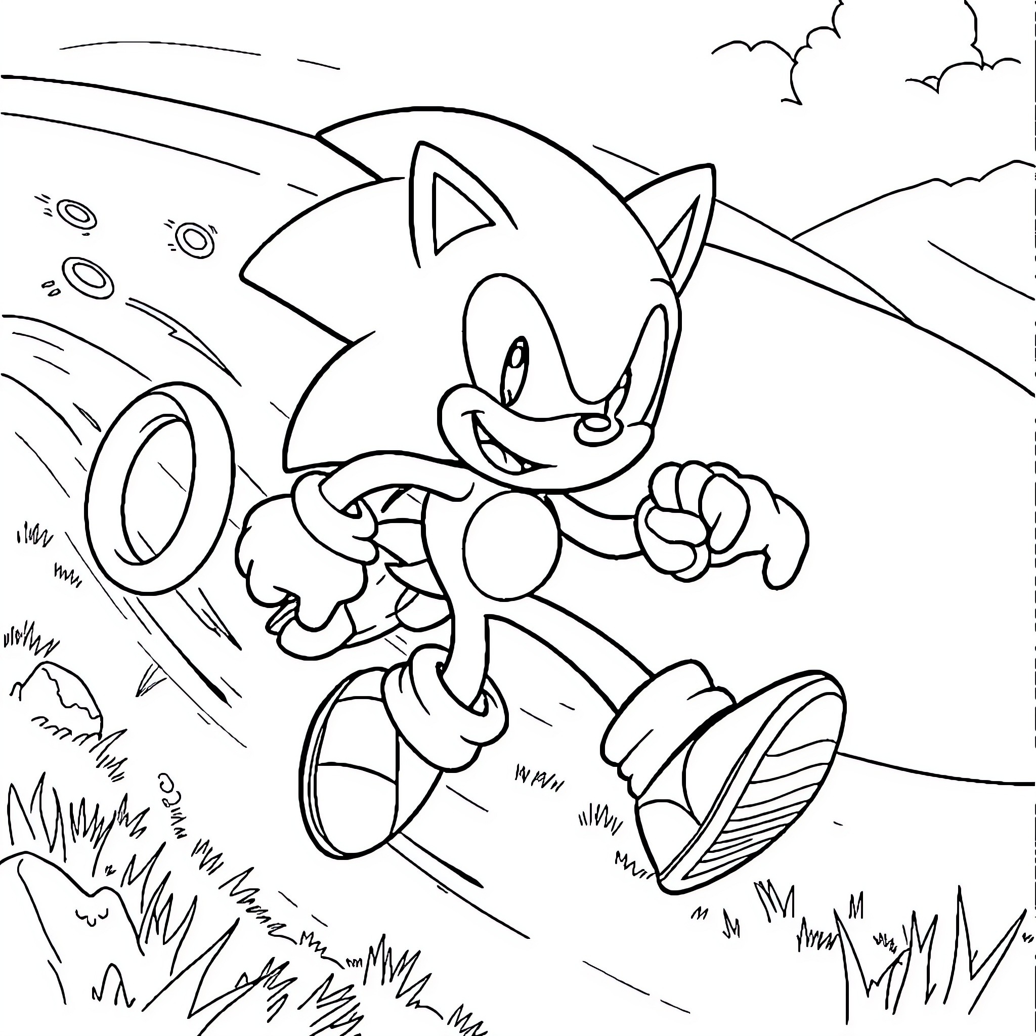 Sonic running through the countryside Coloring Page (free black-and-white line drawing printable PDF for all, from beginners to advanced learners, including children, teens, adults, and seniors)