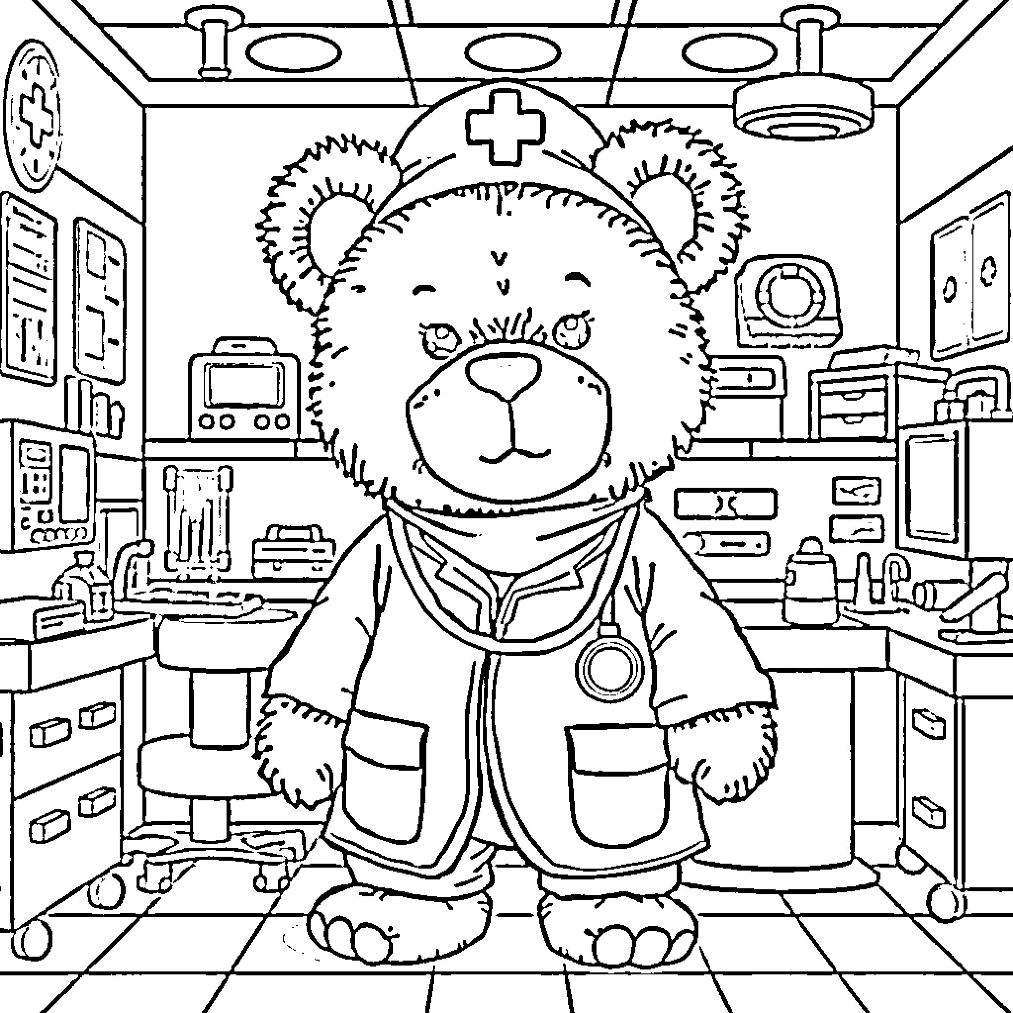 Teddy Bear Doctor in Medical Office Coloring Page (free black-and-white line drawing printable PDF for all, from beginners to advanced learners, including children, teens, adults, and seniors)
