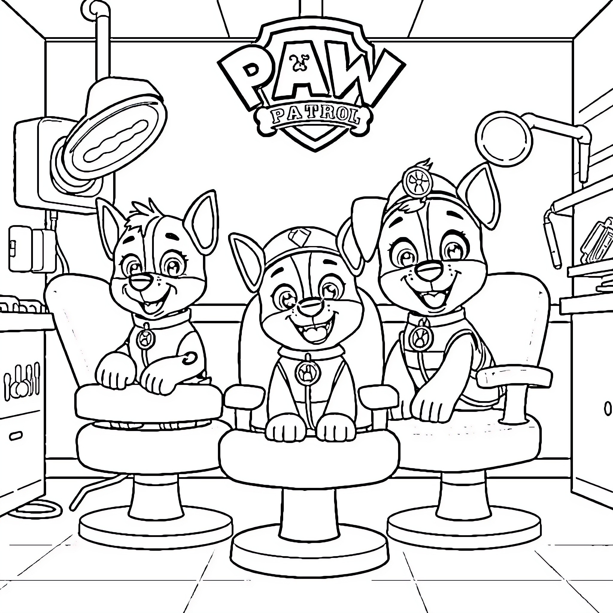 Paw Patrol Pups in Grooming Salon Coloring Page (free black-and-white line drawing printable PDF for all, from beginners to advanced learners, including children, teens, adults, and seniors)