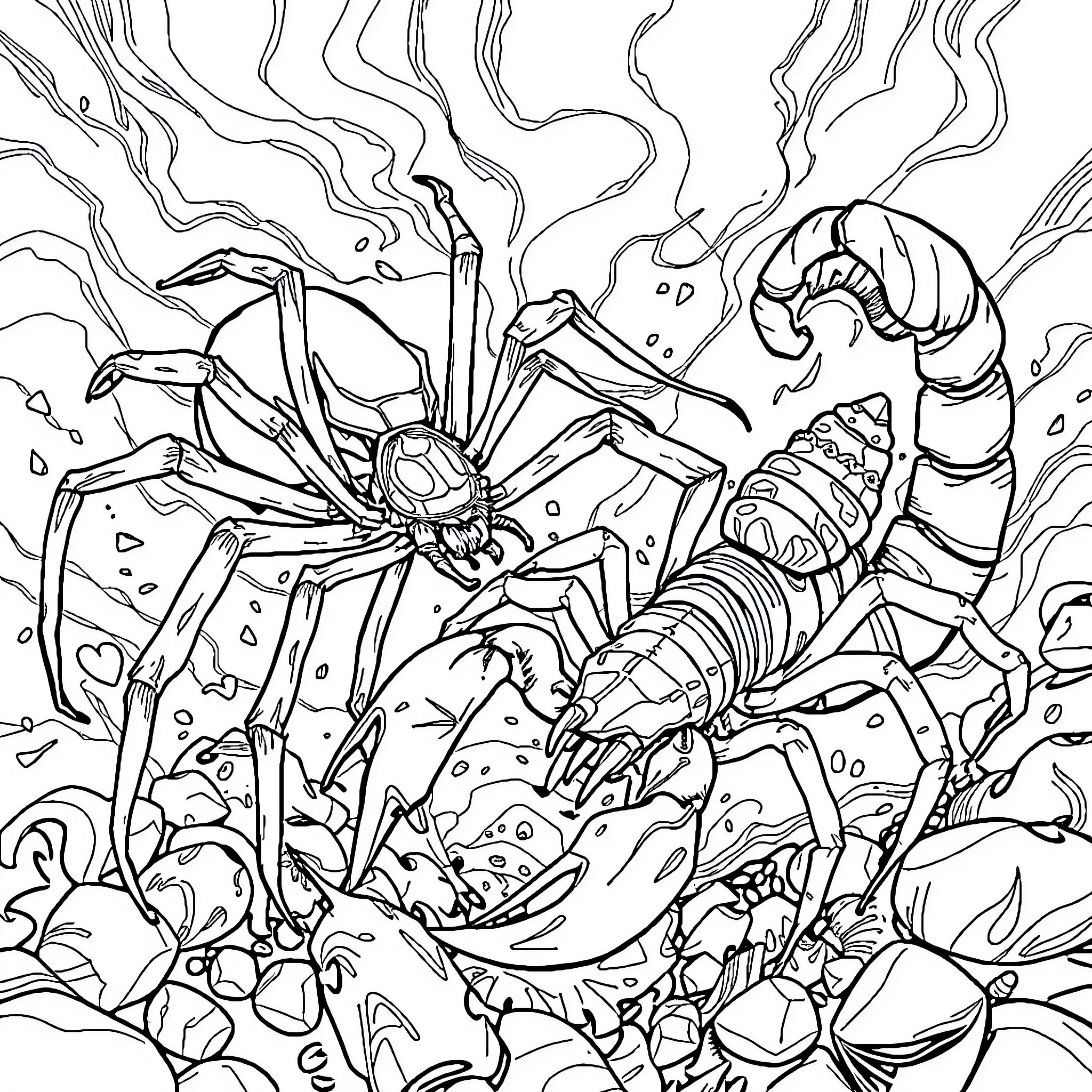 Spider Crawling Amongst Intricate Foliage Coloring Page (free black-and-white line drawing printable PDF for all, from beginners to advanced learners, including children, teens, adults, and seniors)