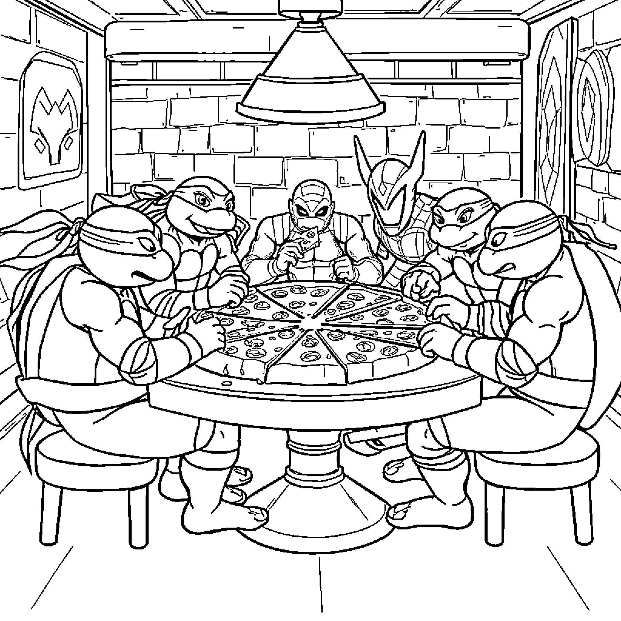Ninja Turtles enjoying a slice of pizza together Coloring Page (free black-and-white line drawing printable PDF for all, from beginners to advanced learners, including children, teens, adults, and seniors)