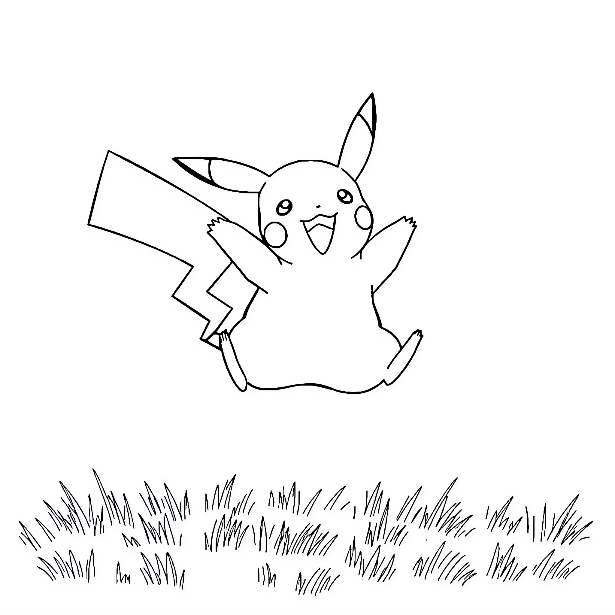 Pikachu playing joyfully in the meadow Coloring Page (free black-and-white line drawing printable PDF for all, from beginners to advanced learners, including children, teens, adults, and seniors)