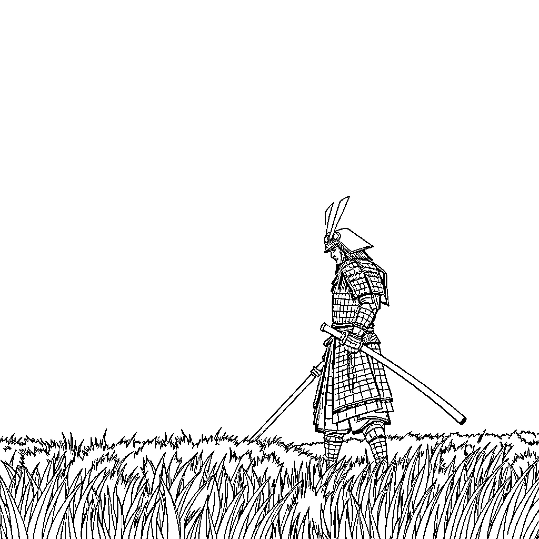 Samurai warrior standing in a field Coloring Page (free black-and-white line drawing printable PDF for all, from beginners to advanced learners, including children, teens, adults, and seniors)