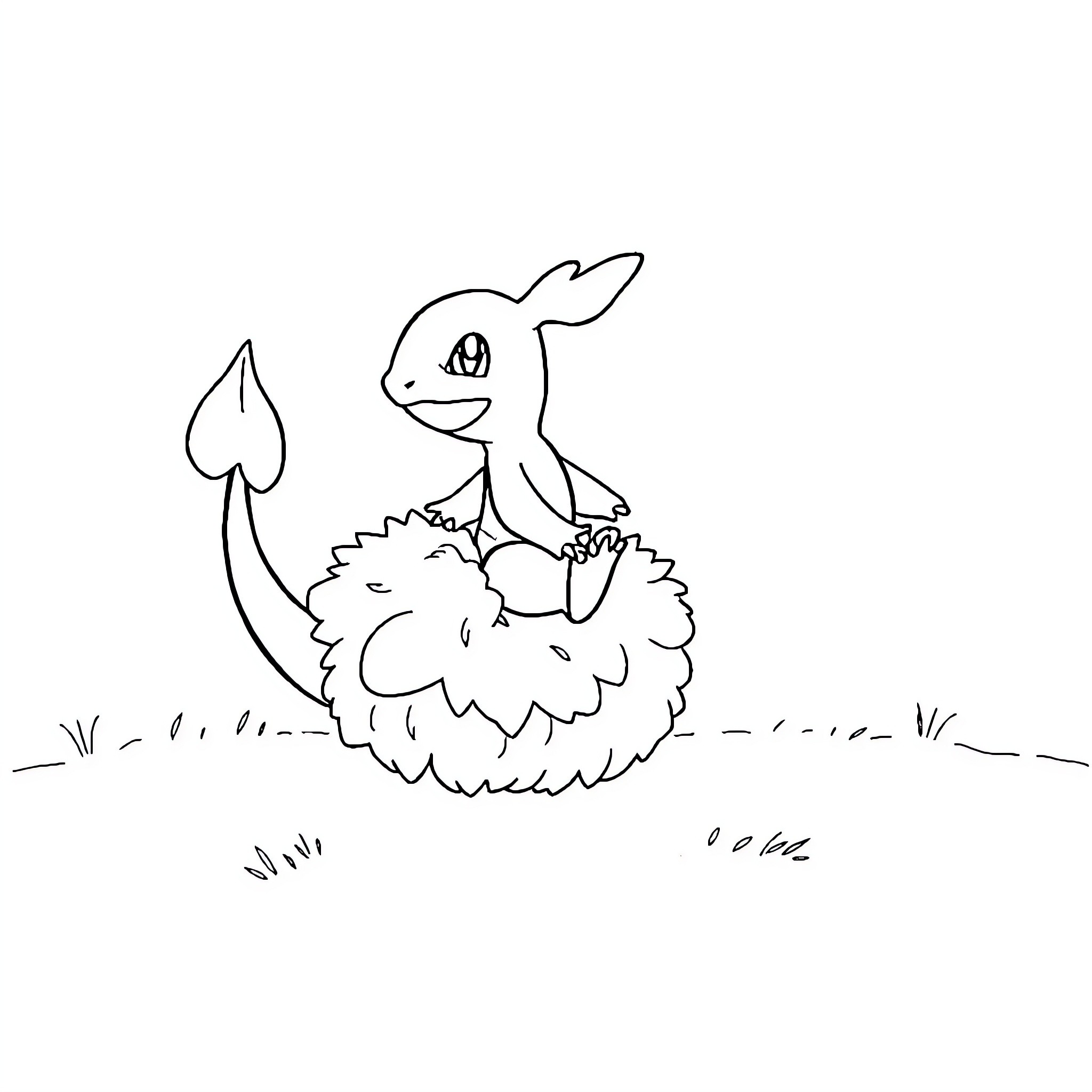 Charmander resting on a fluffy creature Coloring Page (free black-and-white line drawing printable PDF for all, from beginners to advanced learners, including children, teens, adults, and seniors)