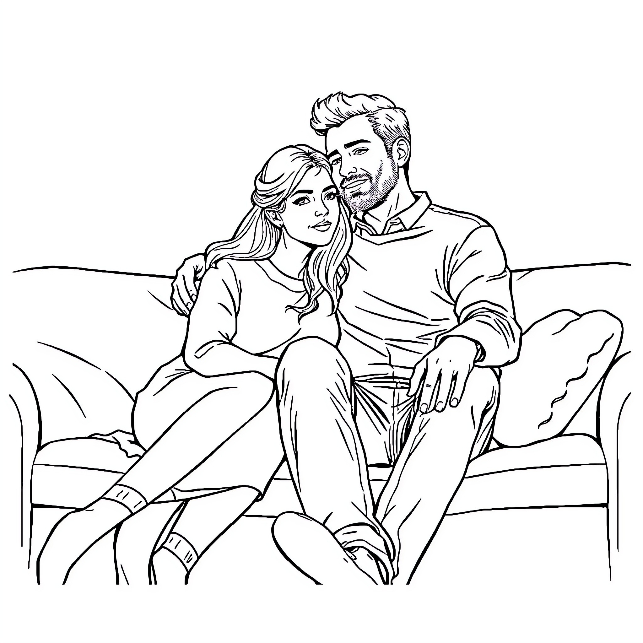 Couple enjoying a casual moment together Coloring Page (free black-and-white line drawing printable PDF for all, from beginners to advanced learners, including children, teens, adults, and seniors)